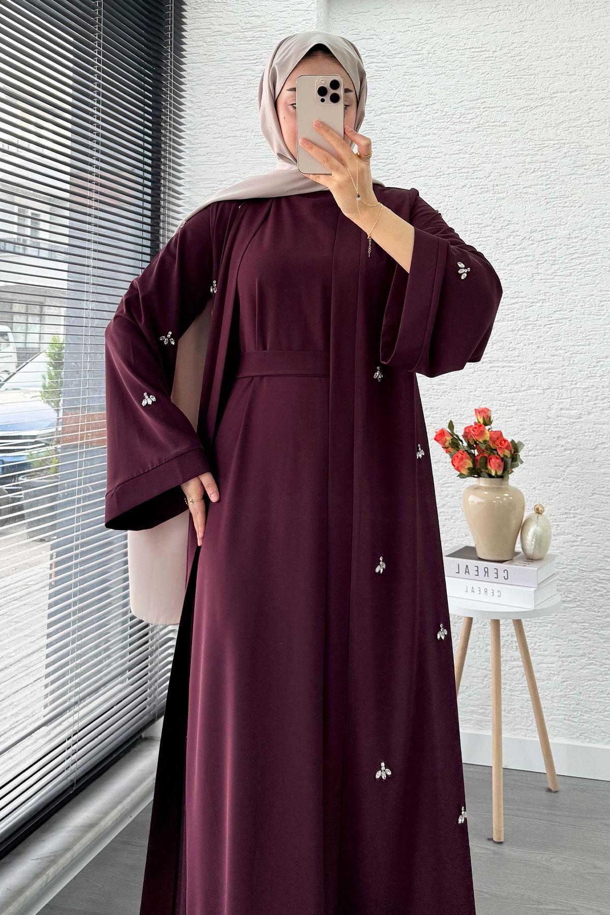 Taş İşlemeli İkili Abaya Takım - Mürdüm