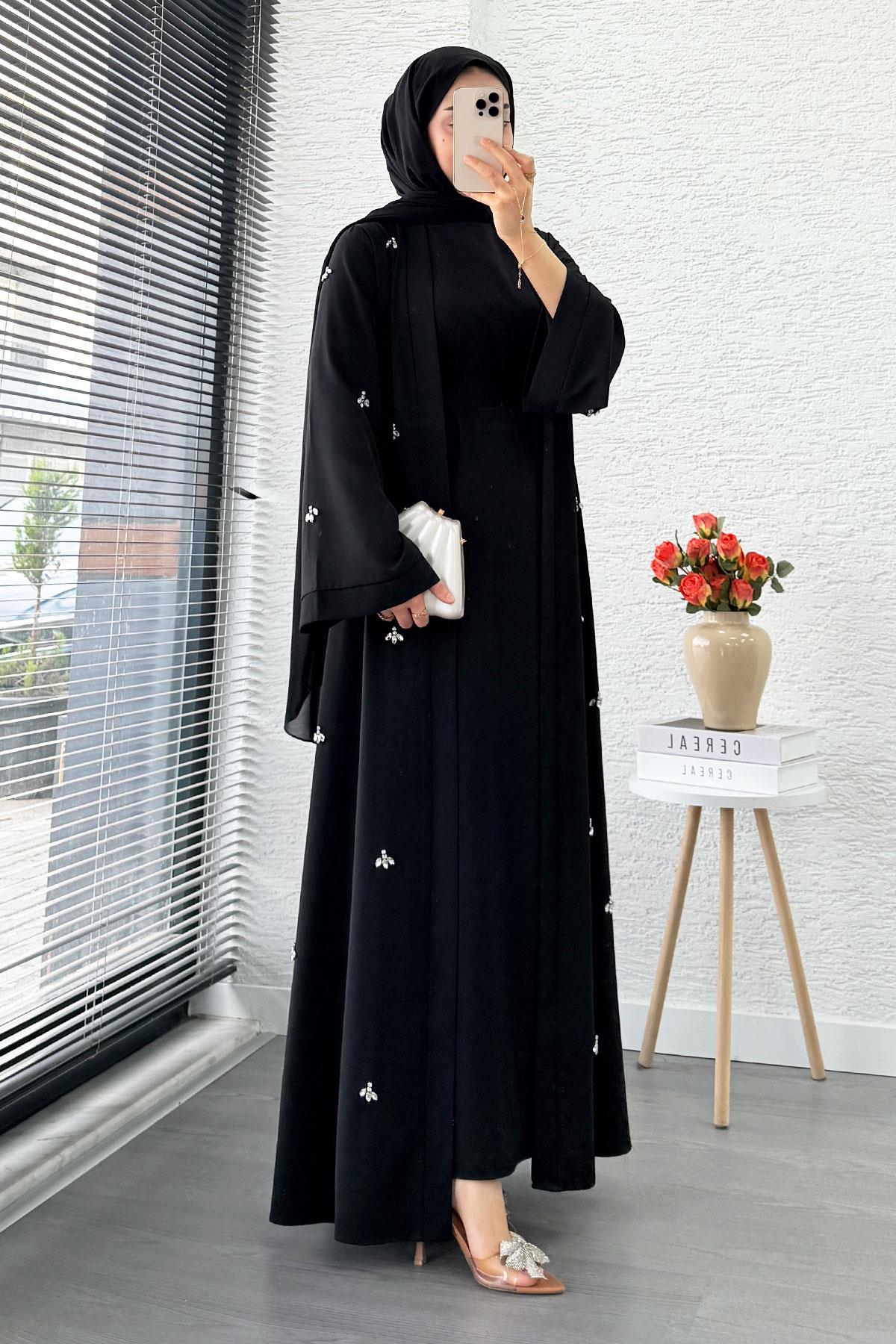 Taş İşlemeli İkili Abaya Takım - Siyah