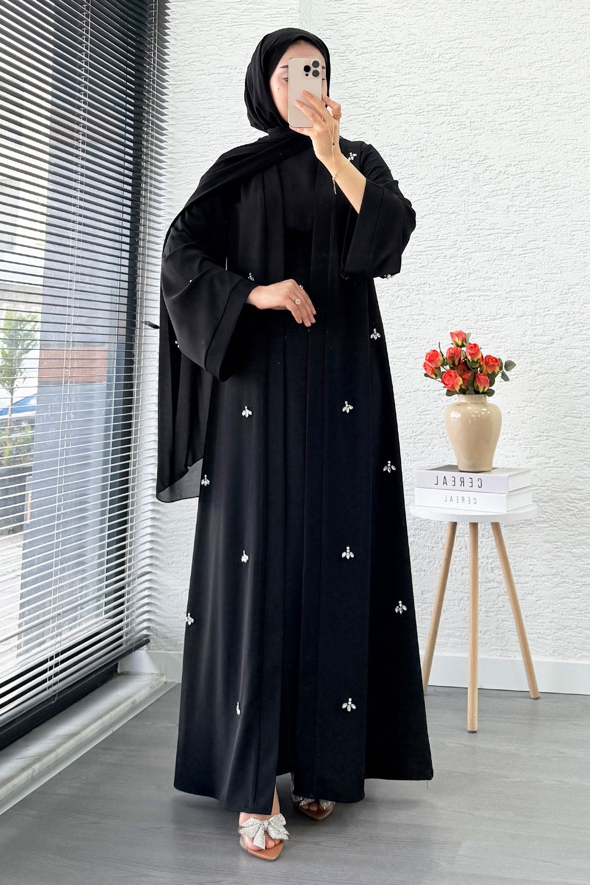 Taş İşlemeli İkili Abaya Takım - Siyah