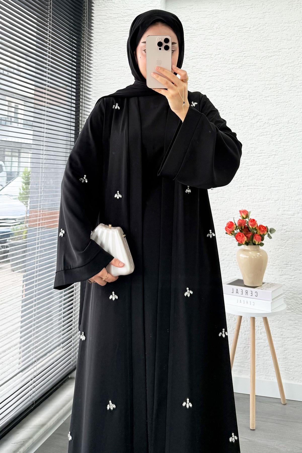 Taş İşlemeli İkili Abaya Takım - Siyah