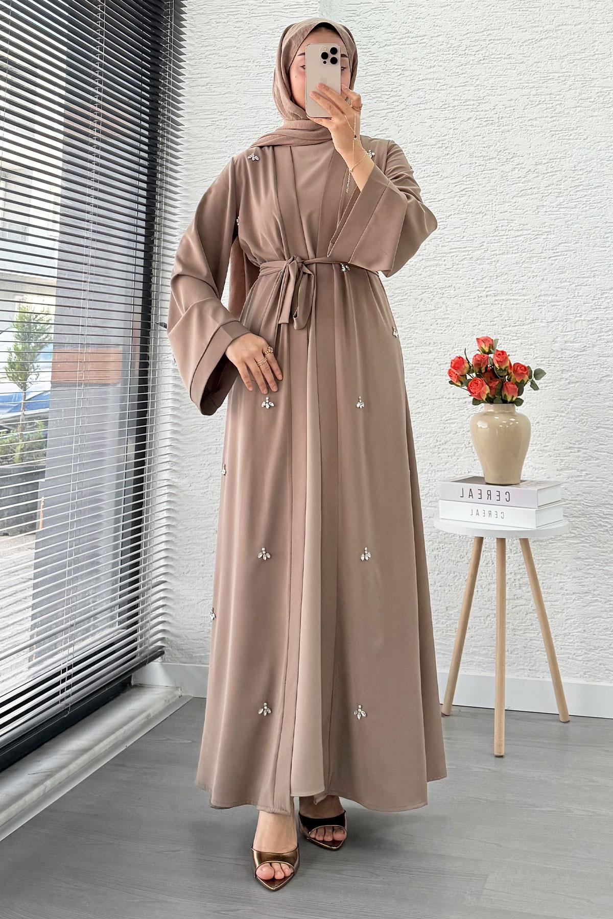Taş İşlemeli İkili Abaya Takım - Vizon