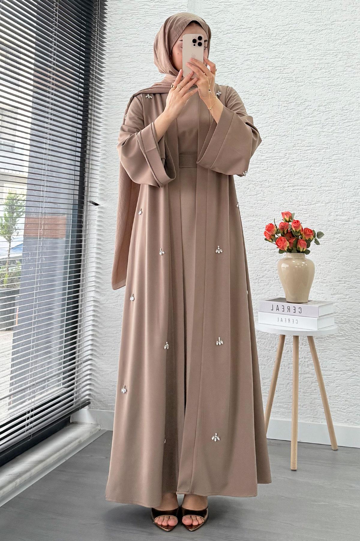 Taş İşlemeli İkili Abaya Takım - Vizon