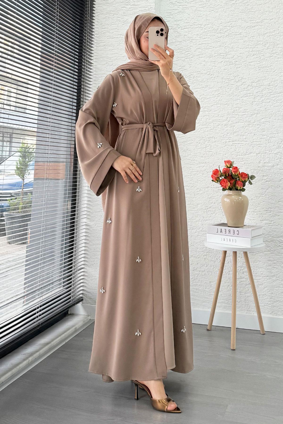 Taş İşlemeli İkili Abaya Takım - Vizon