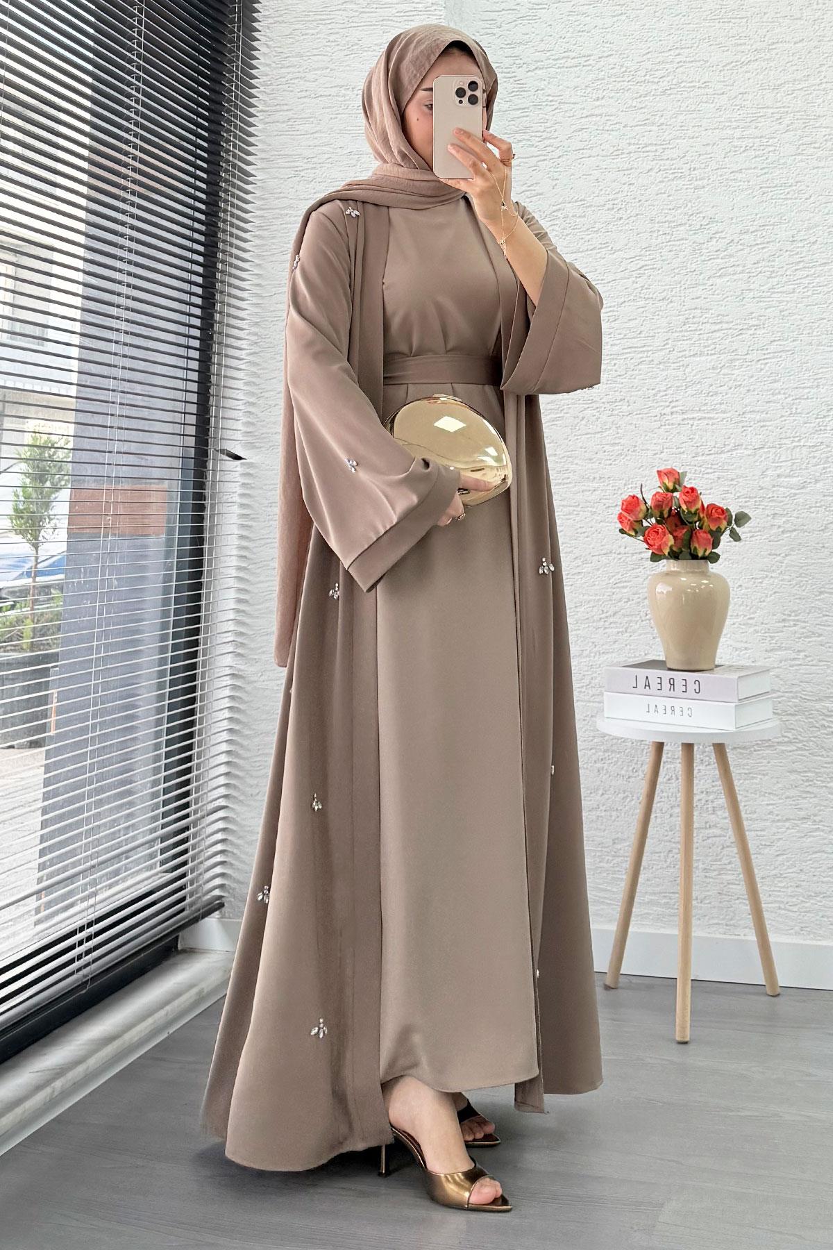 Taş İşlemeli İkili Abaya Takım - Vizon