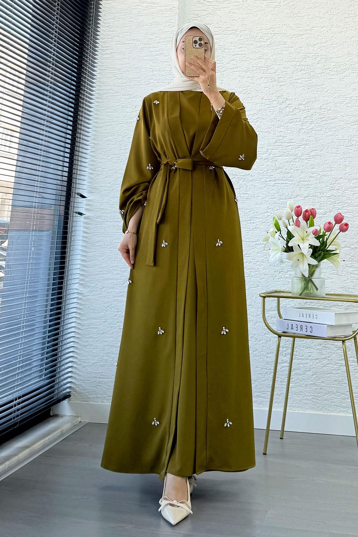 Taş İşlemeli İkili Abaya Takım - Yağ Yeşili