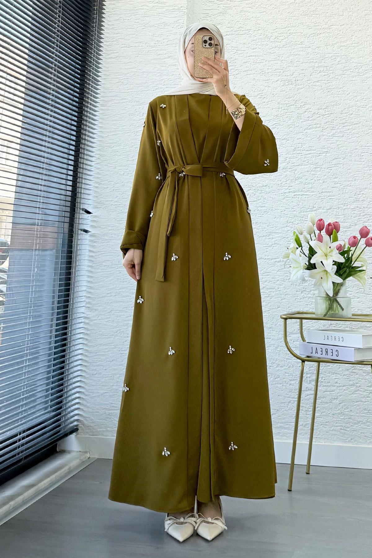 Taş İşlemeli İkili Abaya Takım - Yağ Yeşili