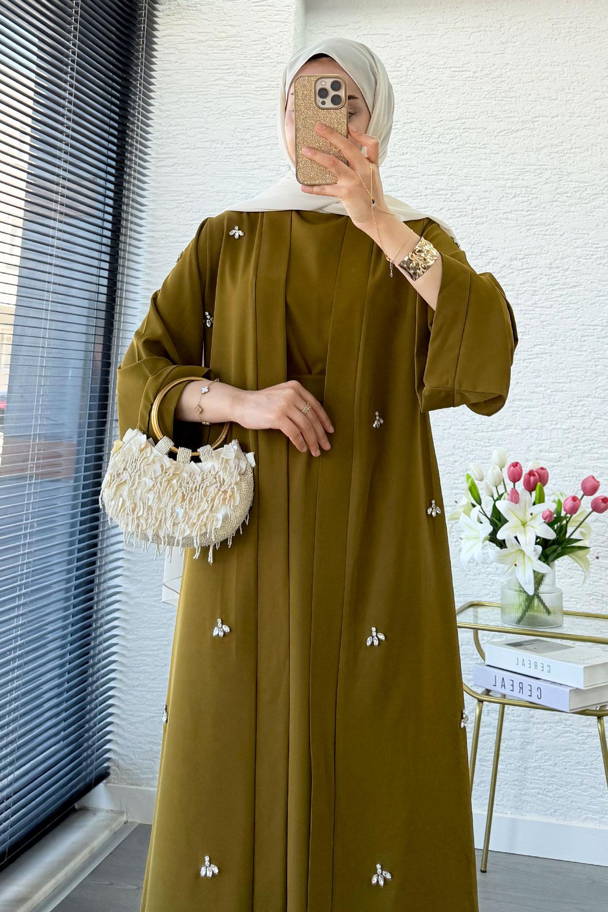 Taş İşlemeli İkili Abaya Takım - Yağ Yeşili