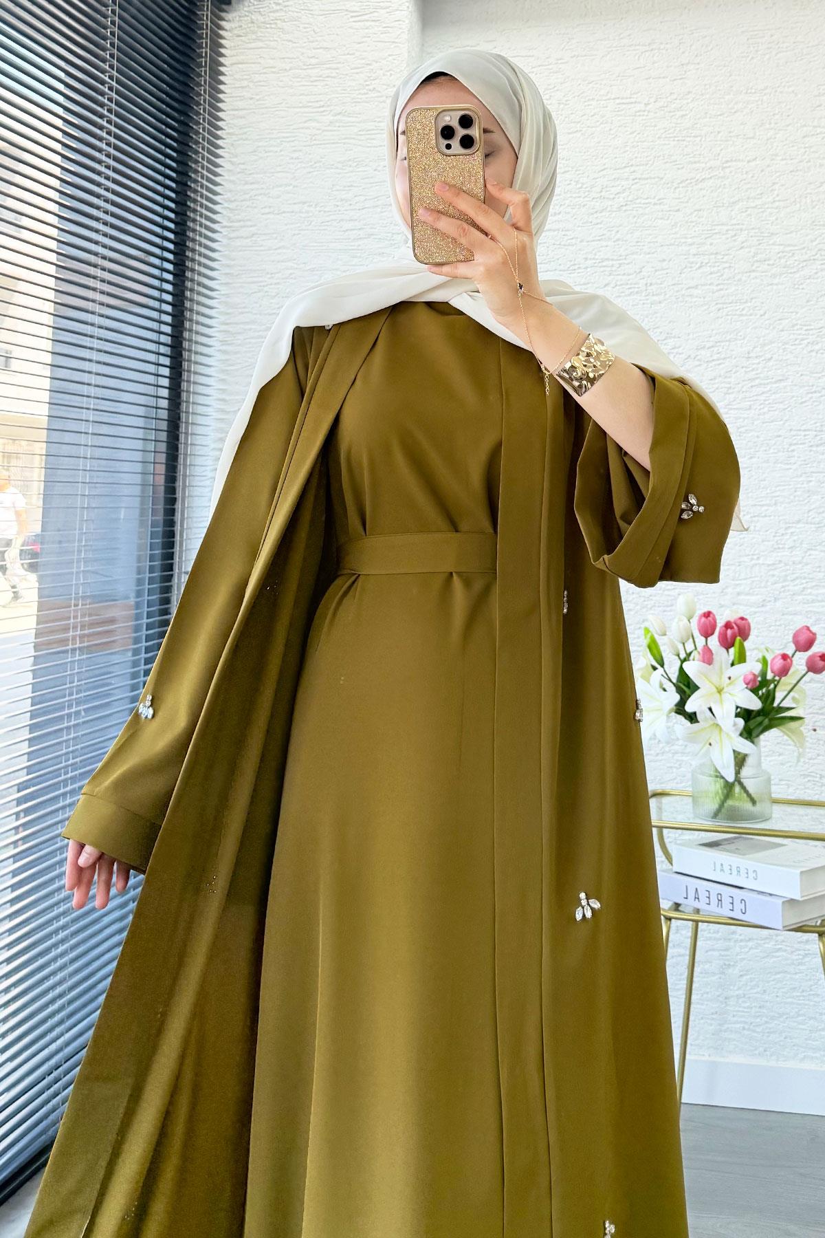 Taş İşlemeli İkili Abaya Takım - Yağ Yeşili