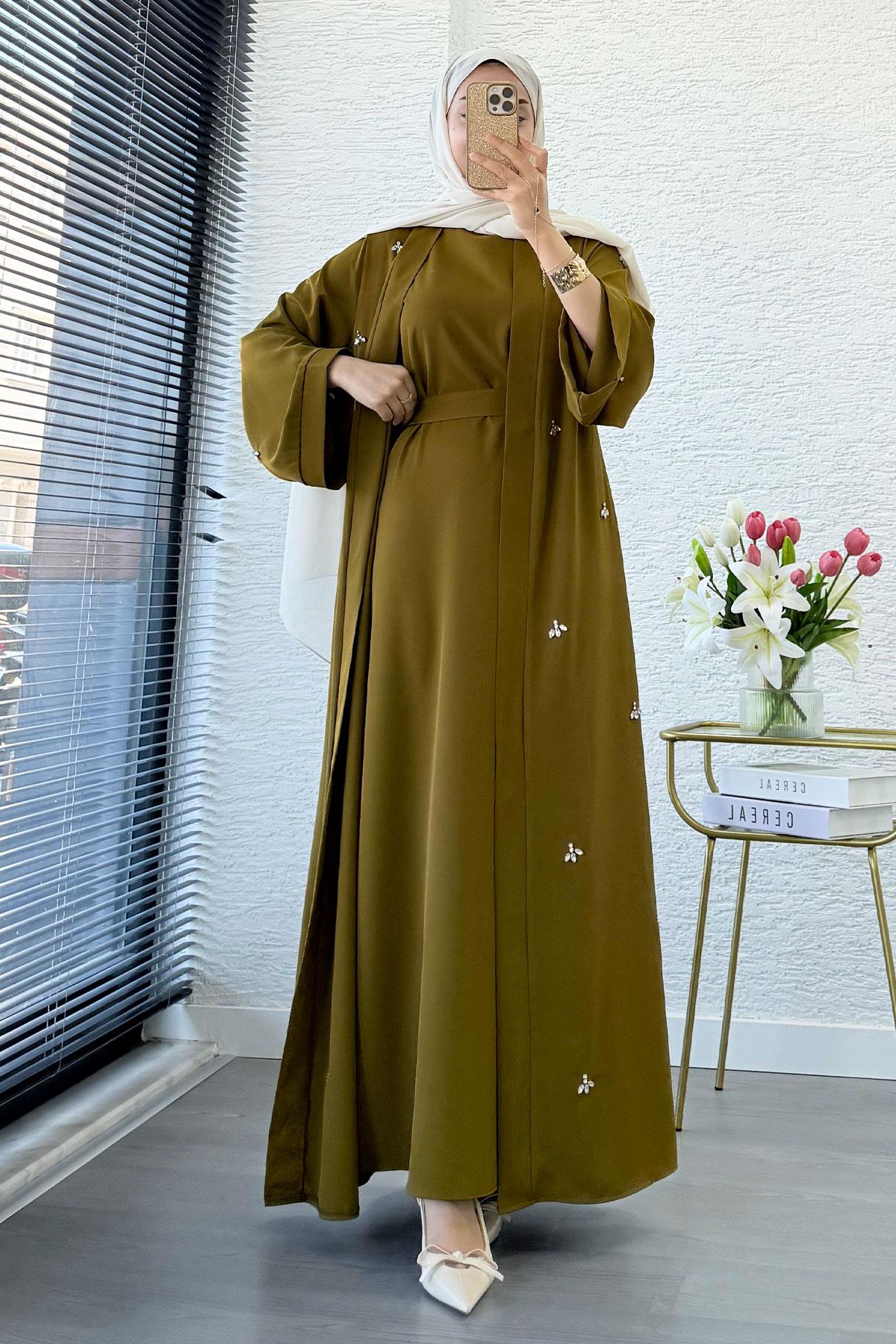 Taş İşlemeli İkili Abaya Takım - Yağ Yeşili