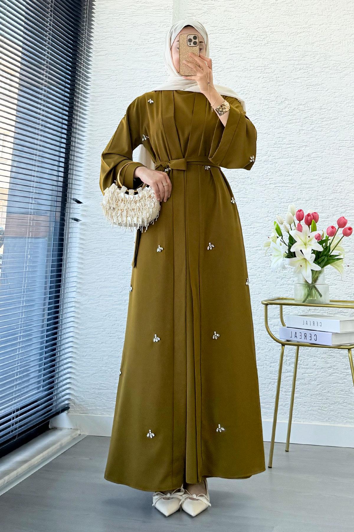 Taş İşlemeli İkili Abaya Takım - Yağ Yeşili