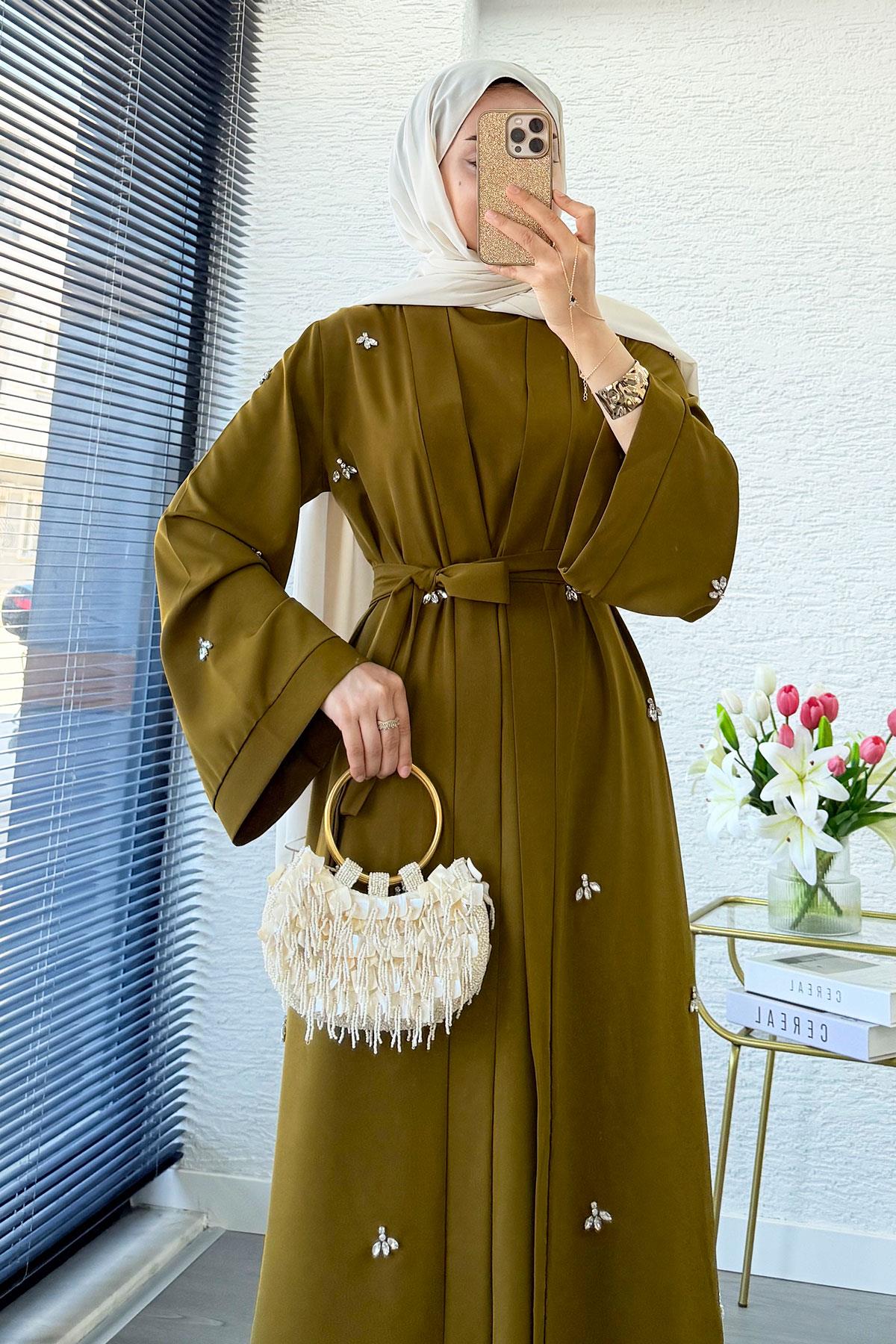Taş İşlemeli İkili Abaya Takım - Yağ Yeşili