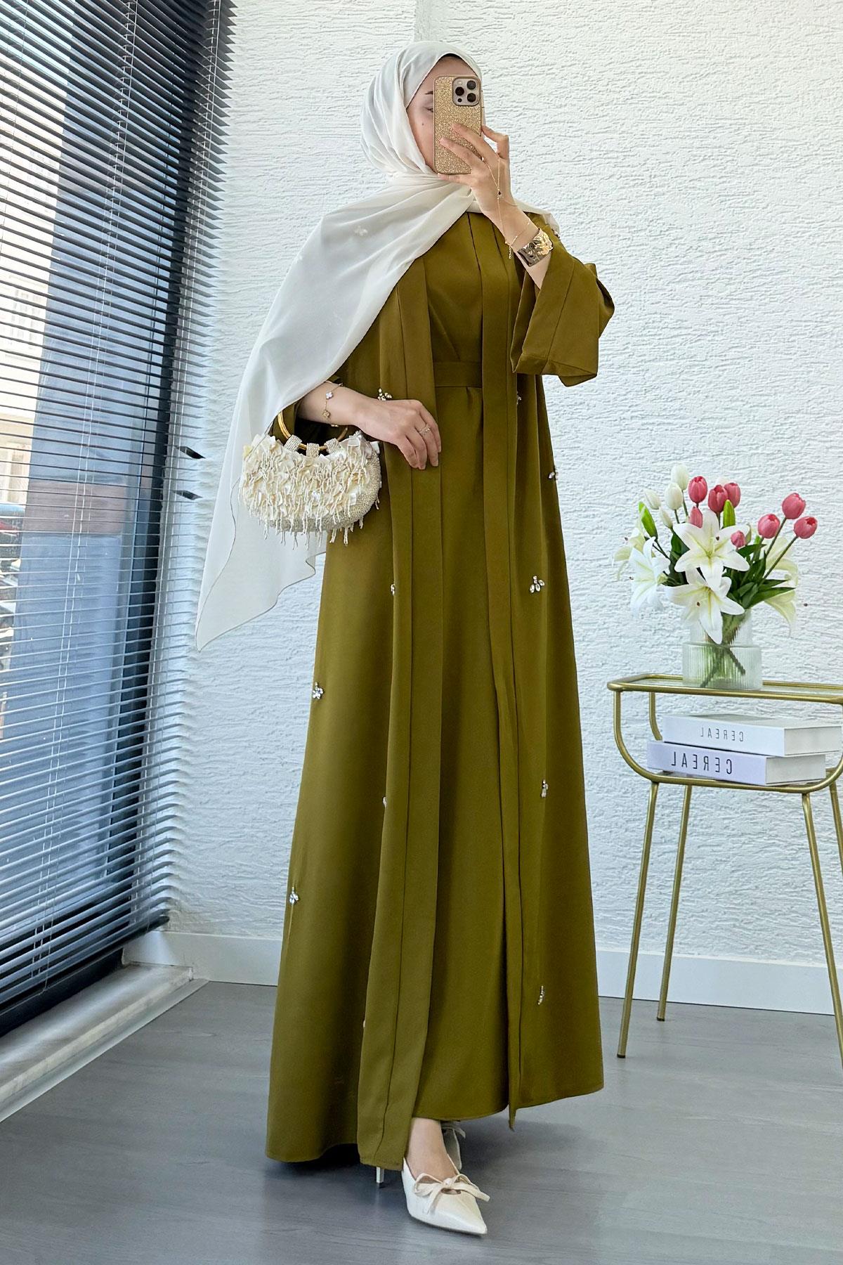 Taş İşlemeli İkili Abaya Takım - Yağ Yeşili