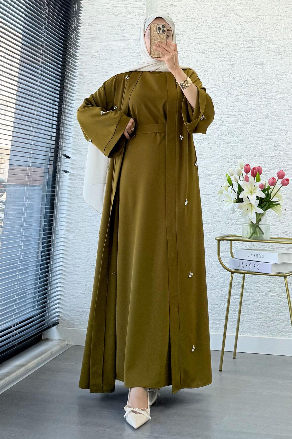 Taş İşlemeli İkili Abaya Takım - Yağ Yeşili