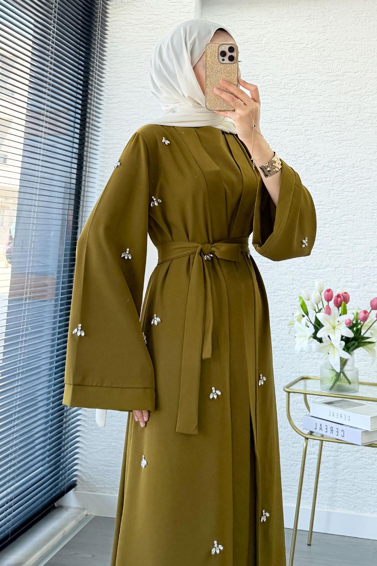 Taş İşlemeli İkili Abaya Takım - Yağ Yeşili