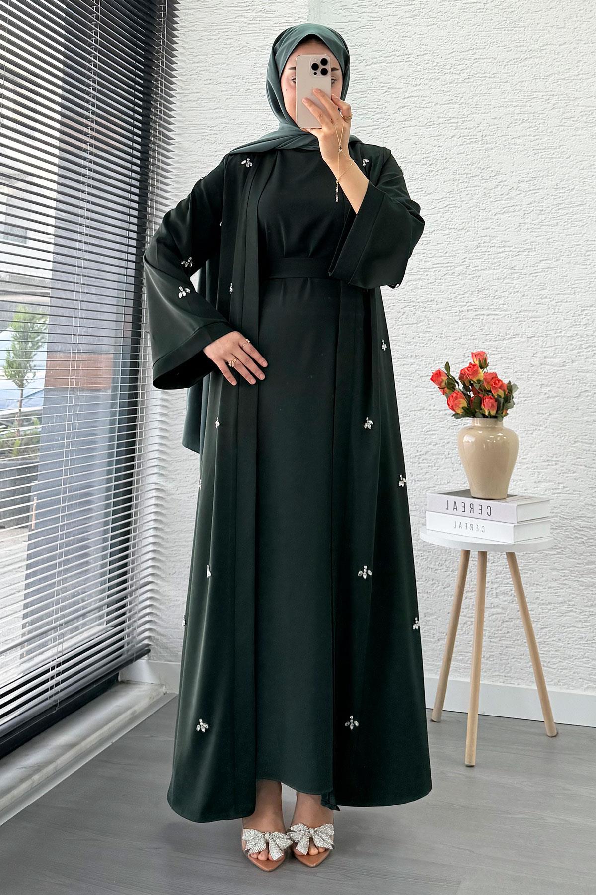 Taş İşlemeli İkili Abaya Takım - Zümrüt