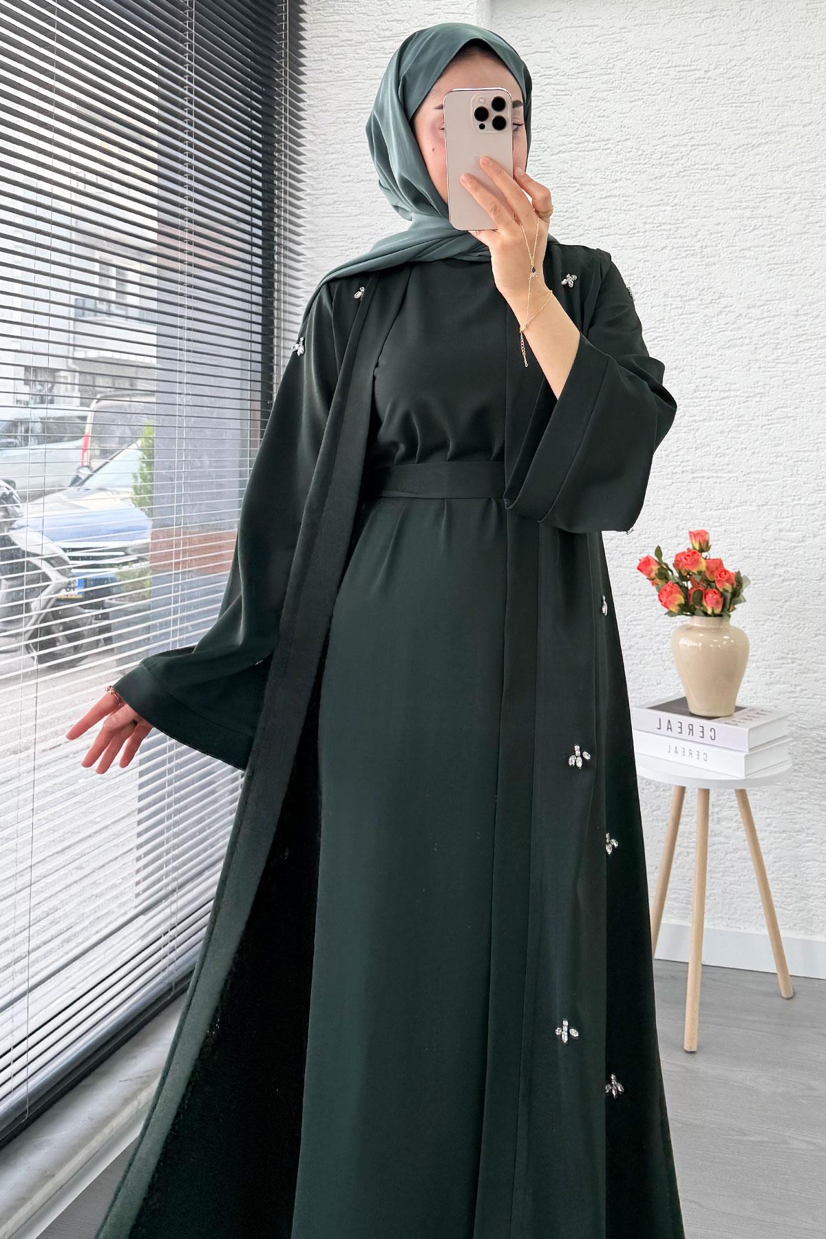 Taş İşlemeli İkili Abaya Takım - Zümrüt