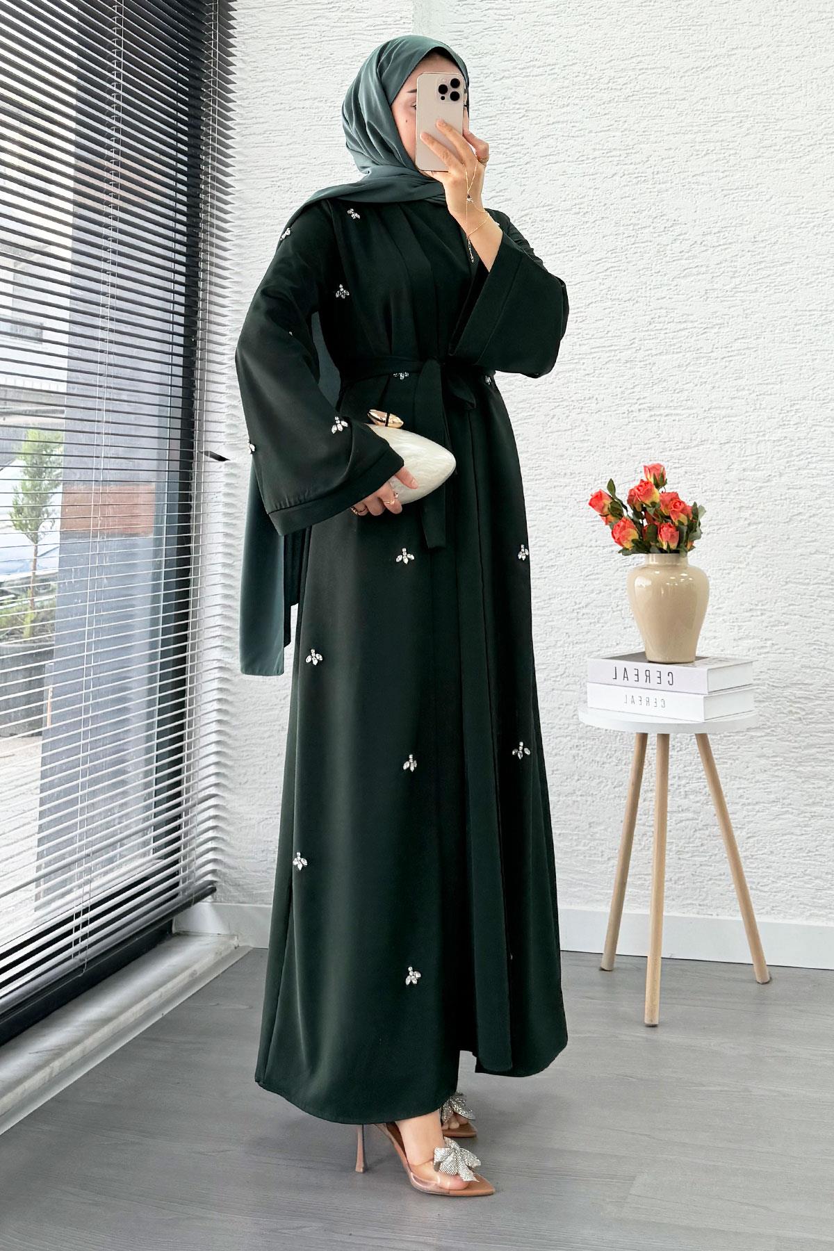 Taş İşlemeli İkili Abaya Takım - Zümrüt