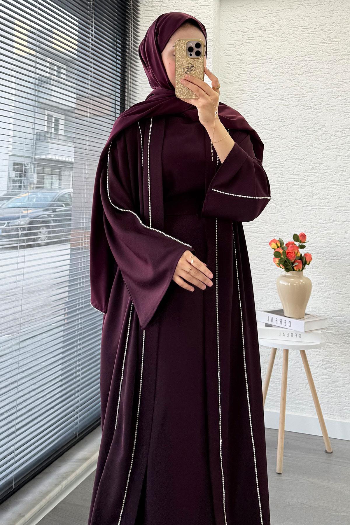 Taş Şerit Detaylı İkili Abaya Takım –Mürdüm