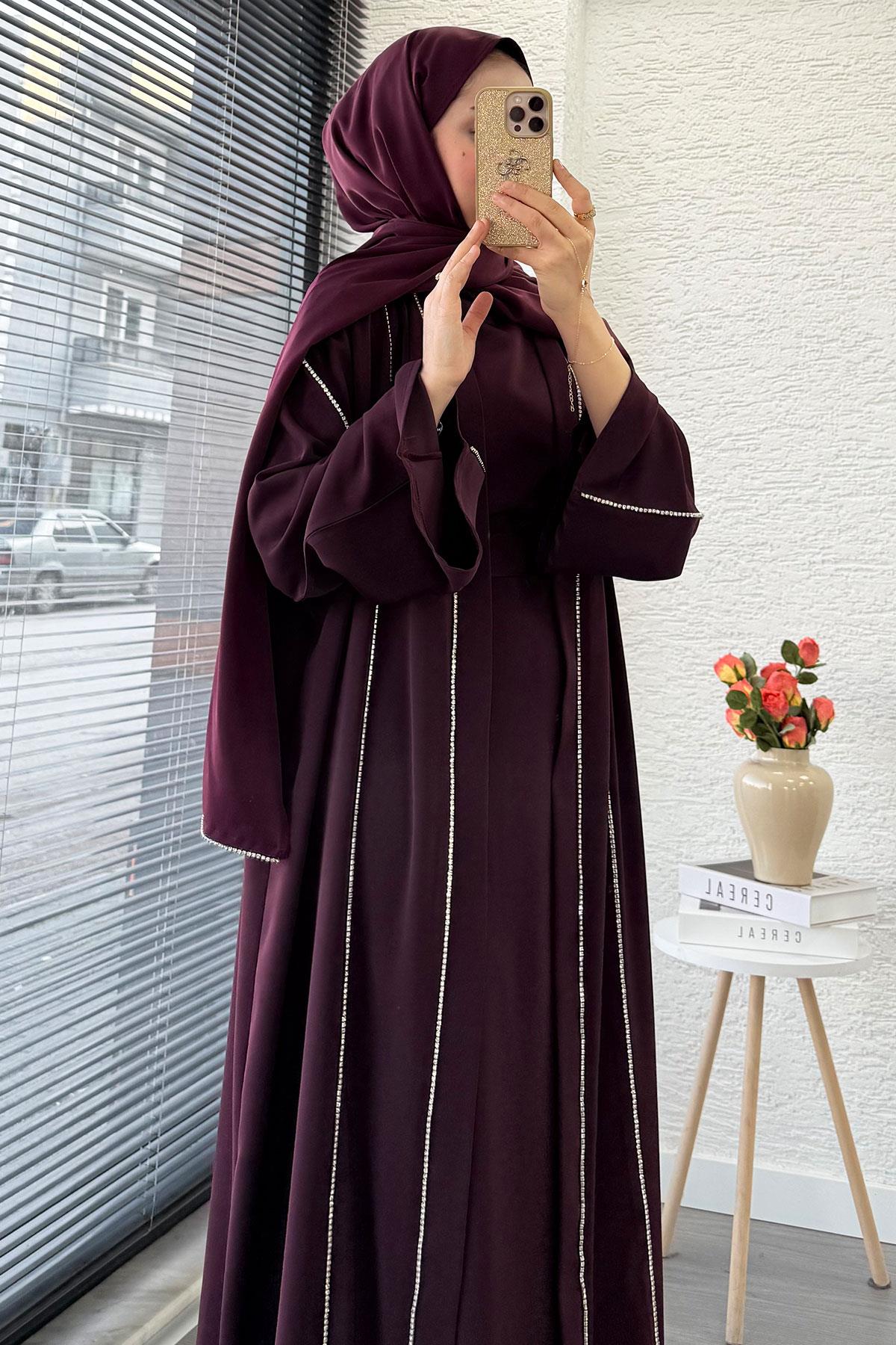 Taş Şerit Detaylı İkili Abaya Takım –Mürdüm