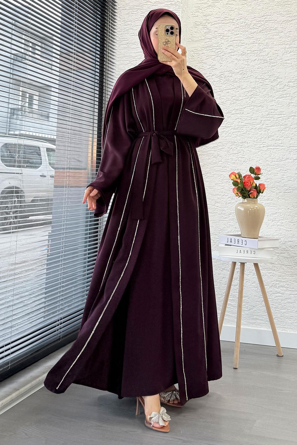 Taş Şerit Detaylı İkili Abaya Takım –Mürdüm