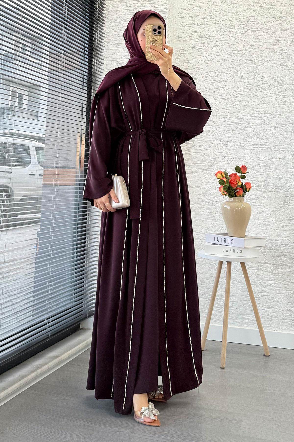 Taş Şerit Detaylı İkili Abaya Takım –Mürdüm