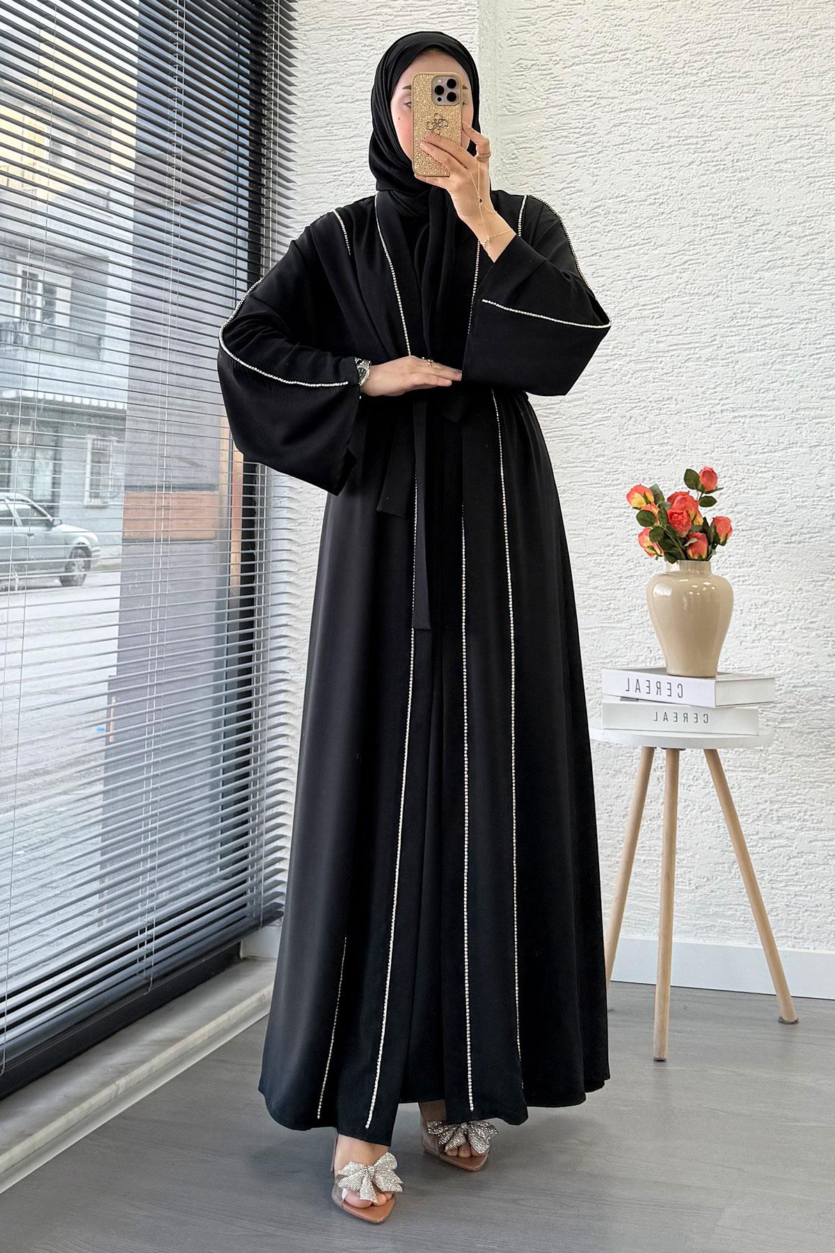 Taş Şerit Detaylı İkili Abaya Takım –Siyah