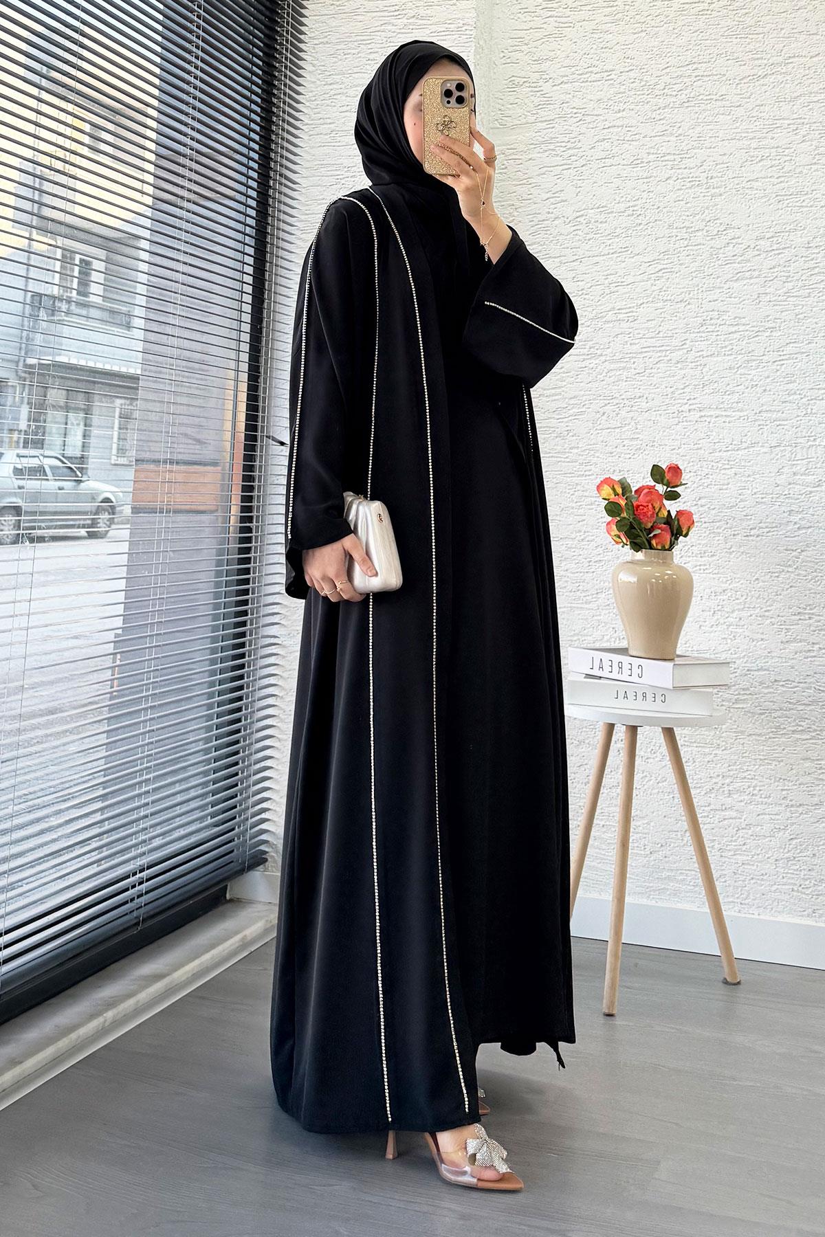 Taş Şerit Detaylı İkili Abaya Takım –Siyah