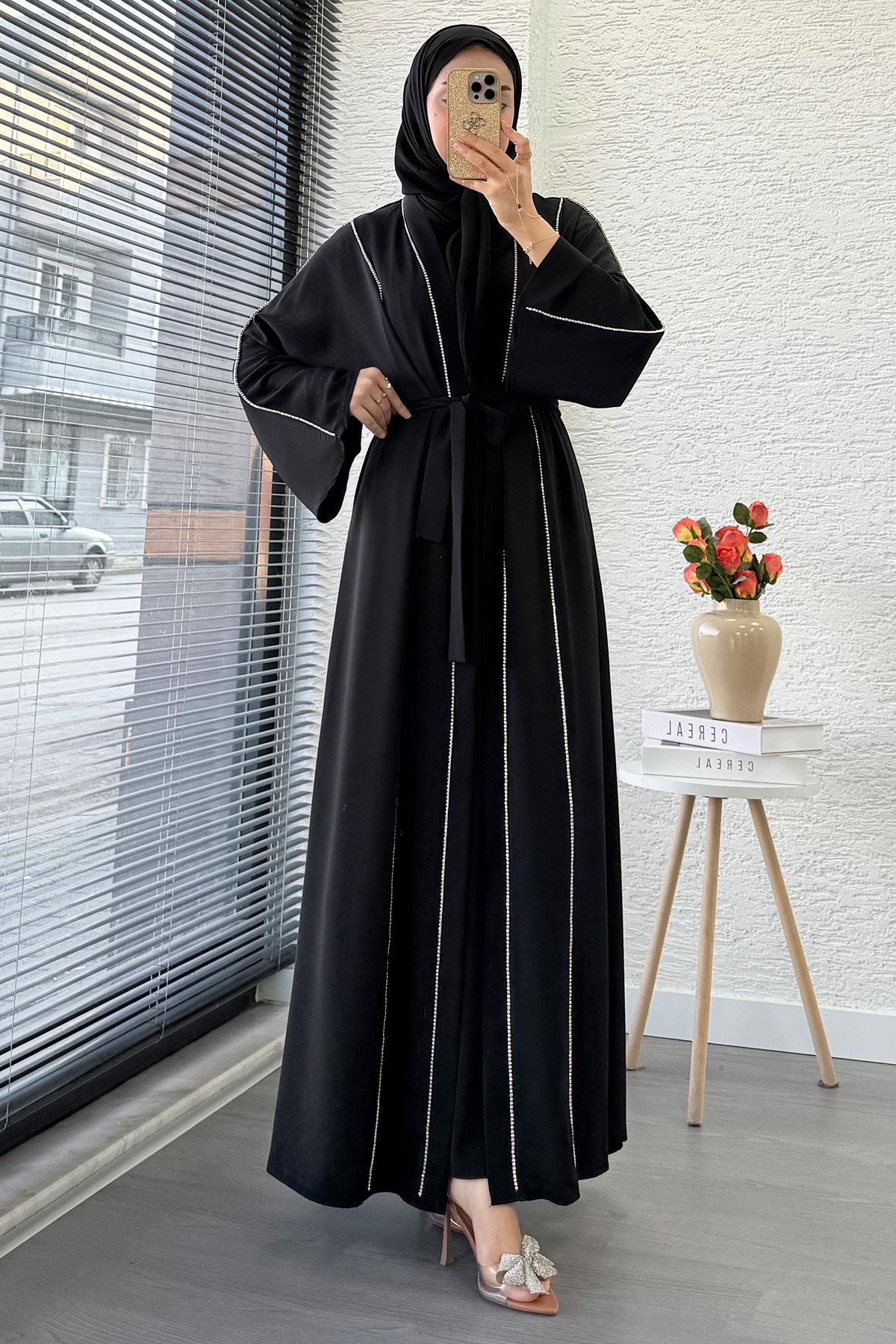 Taş Şerit Detaylı İkili Abaya Takım –Siyah