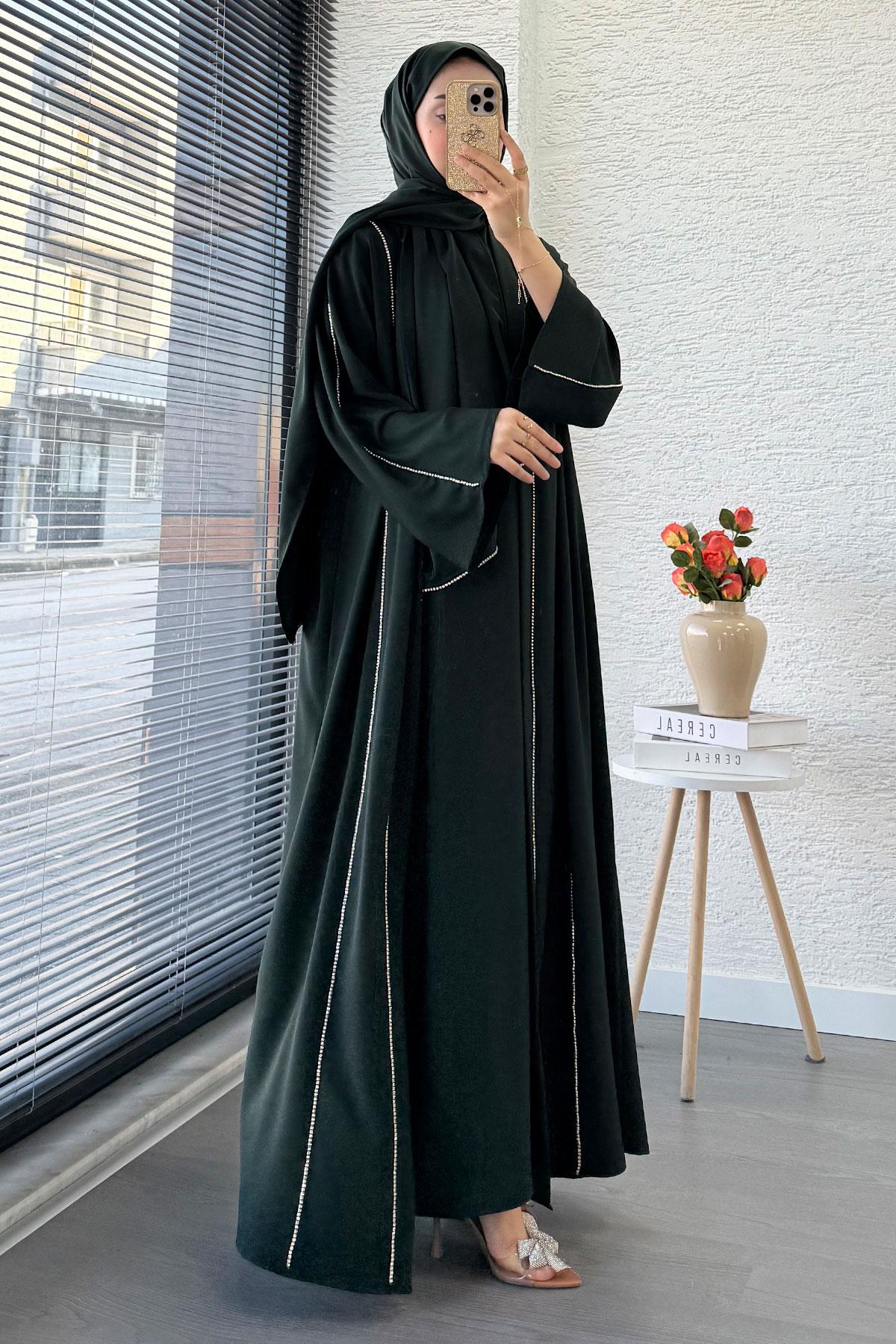 Taş Şerit Detaylı İkili Abaya Takım –Zümrüt