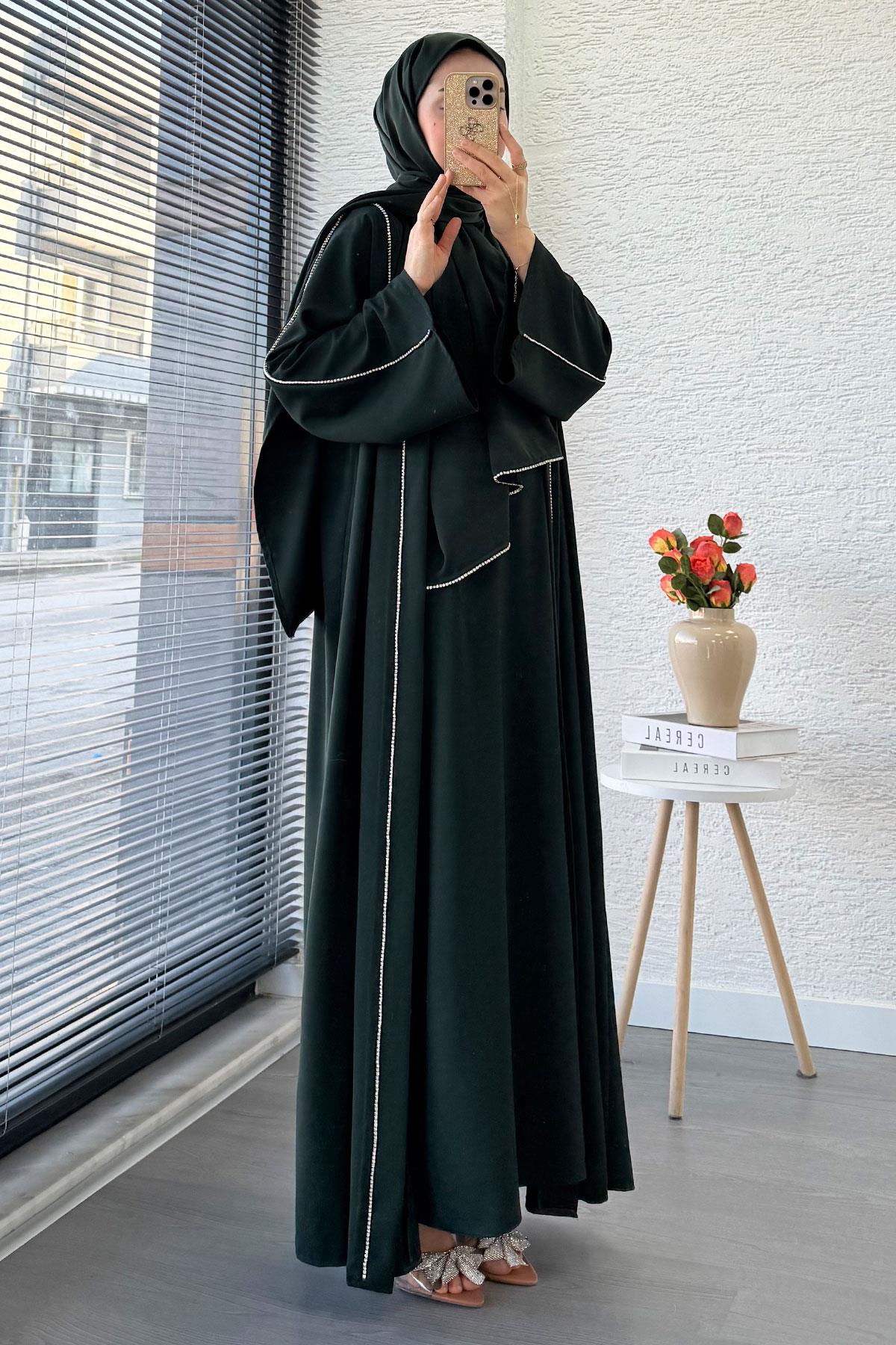 Taş Şerit Detaylı İkili Abaya Takım –Zümrüt