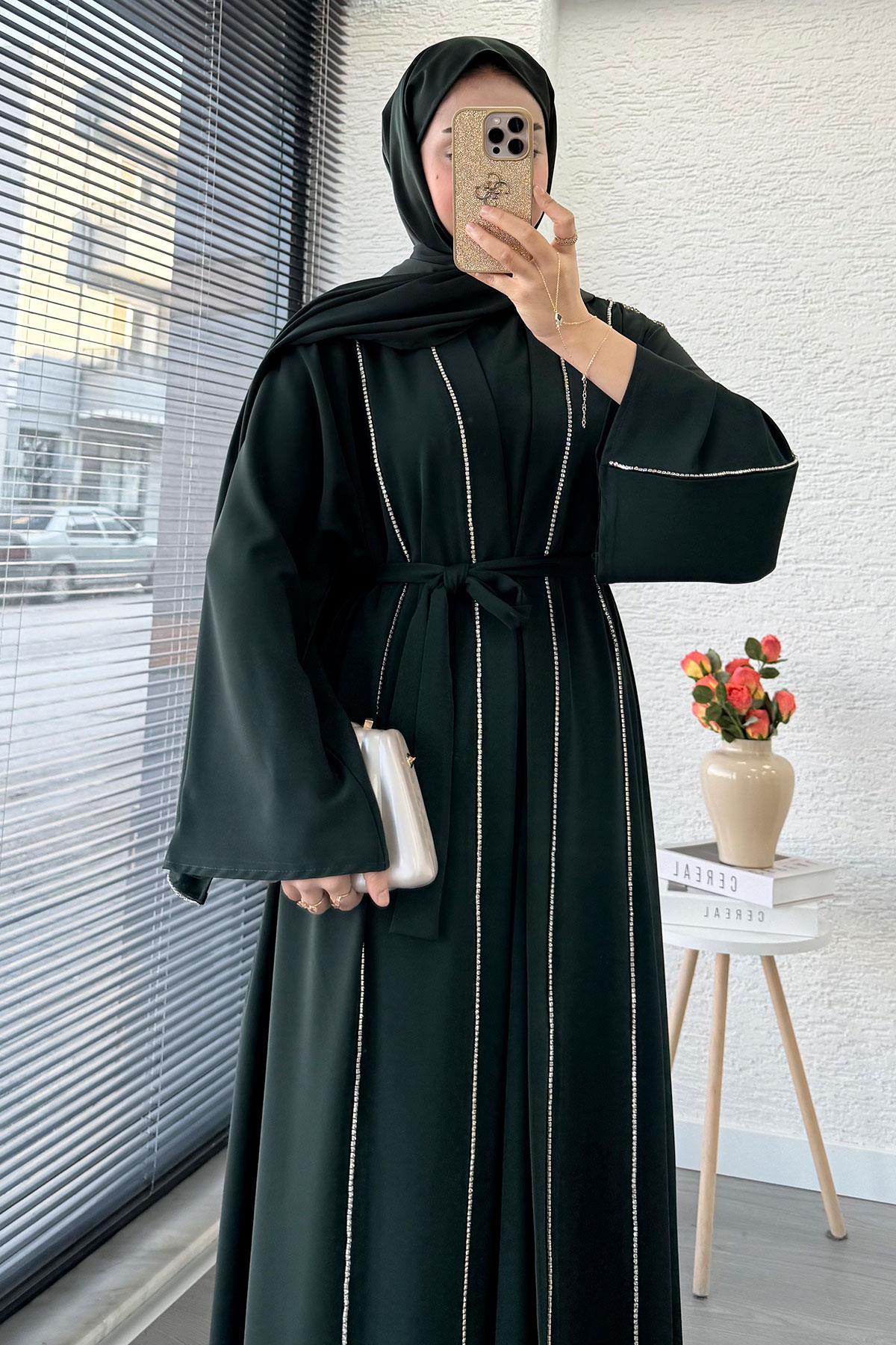 Taş Şerit Detaylı İkili Abaya Takım –Zümrüt