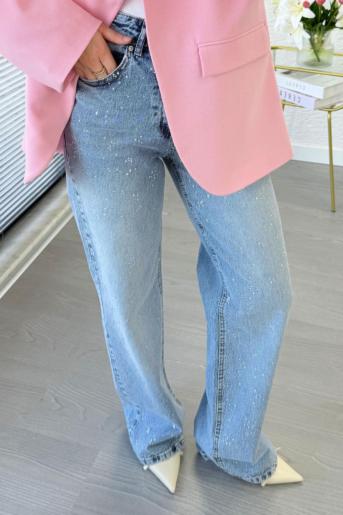 Tasarım Taş Detaylı Straight Denim Pantolon - Mavi
