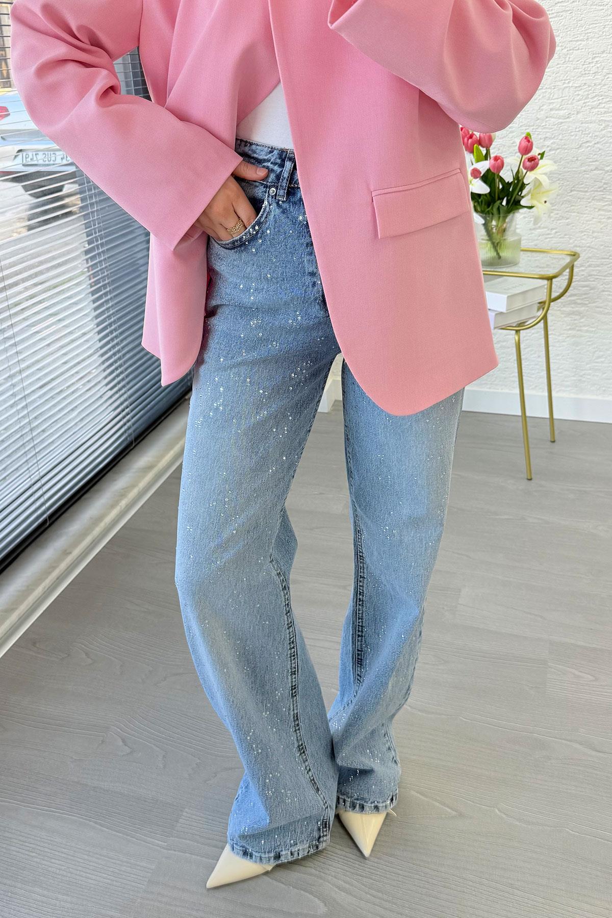 Tasarım Taş Detaylı Straight Denim Pantolon - Mavi