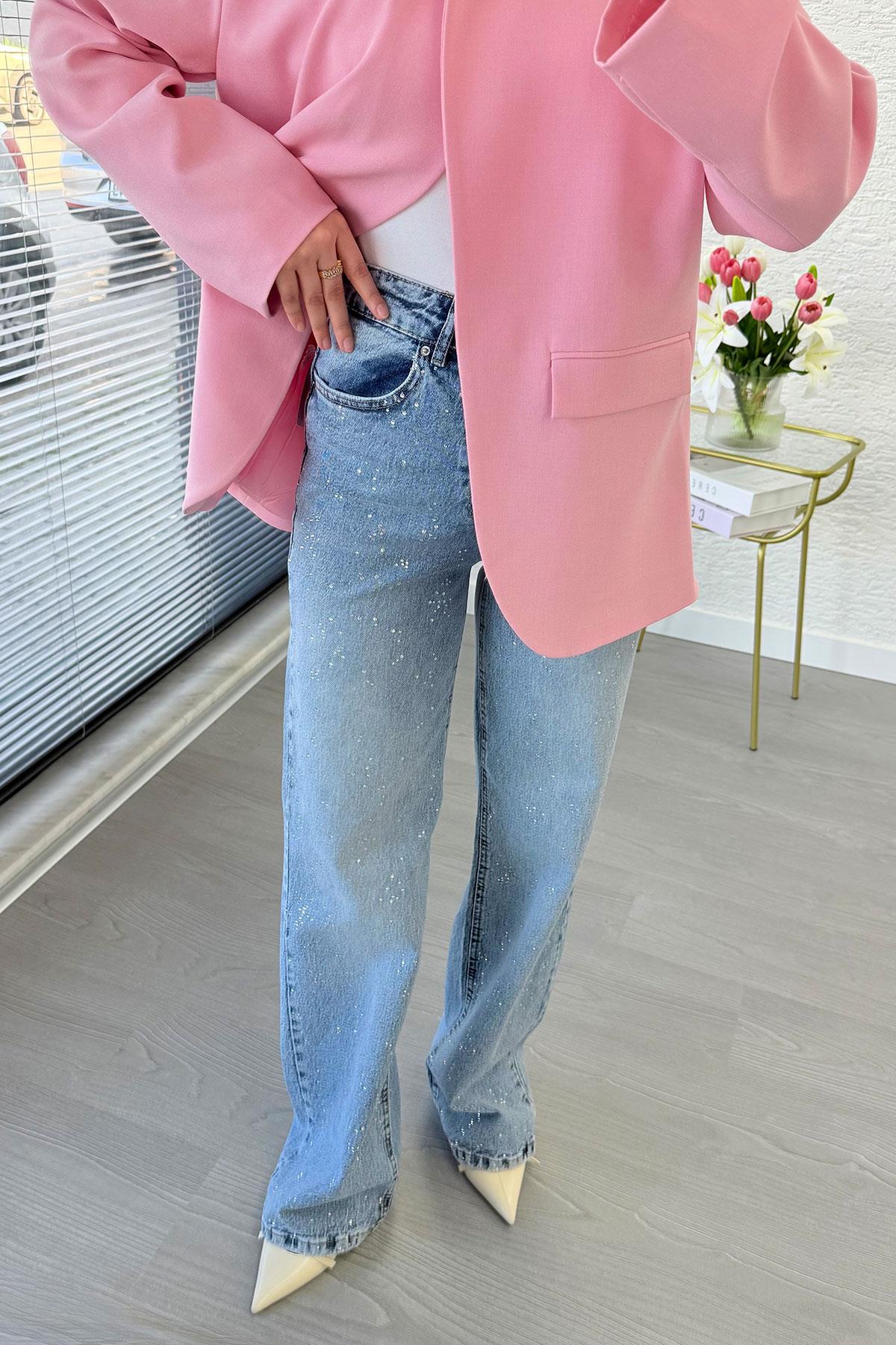 Tasarım Taş Detaylı Straight Denim Pantolon - Mavi