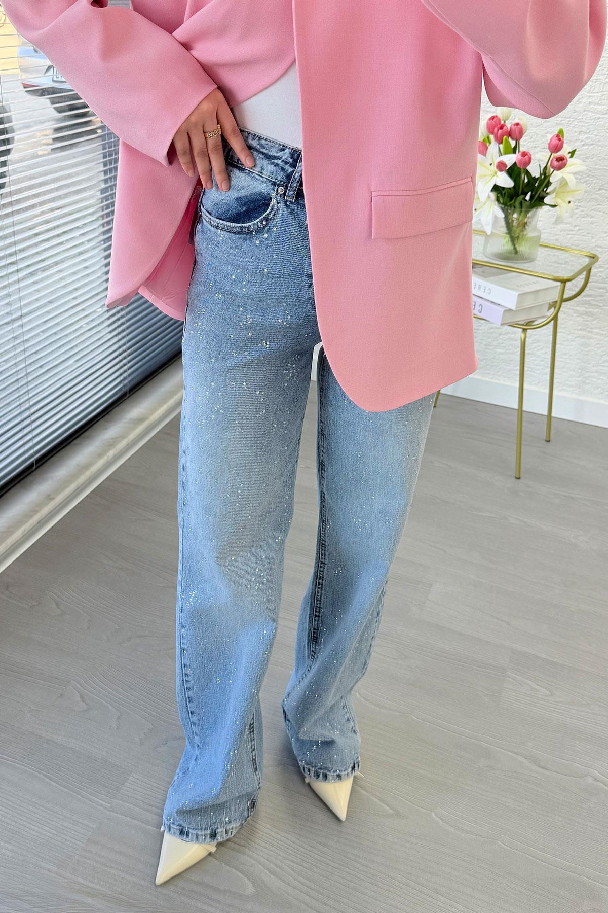 Tasarım Taş Detaylı Straight Denim Pantolon - Mavi