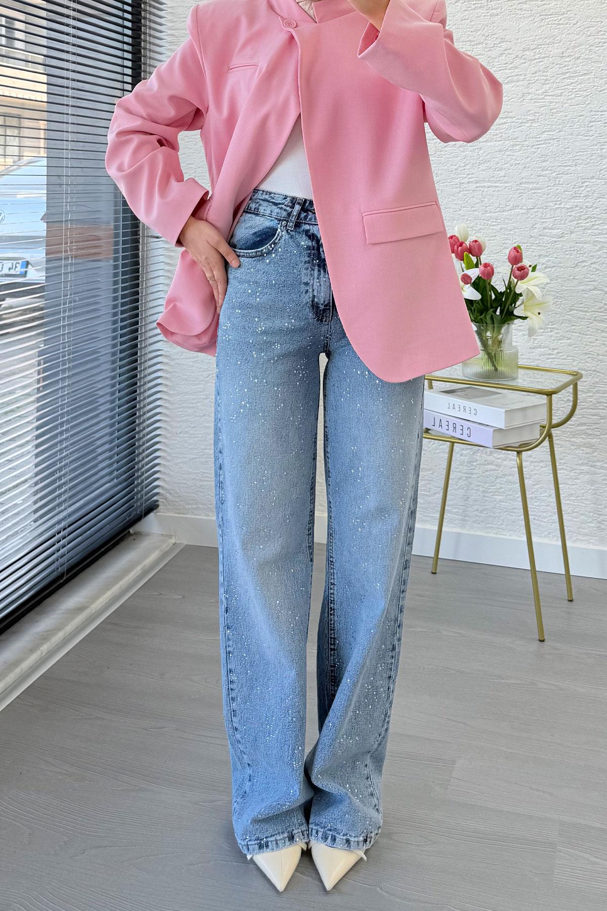 Tasarım Taş Detaylı Straight Denim Pantolon - Mavi