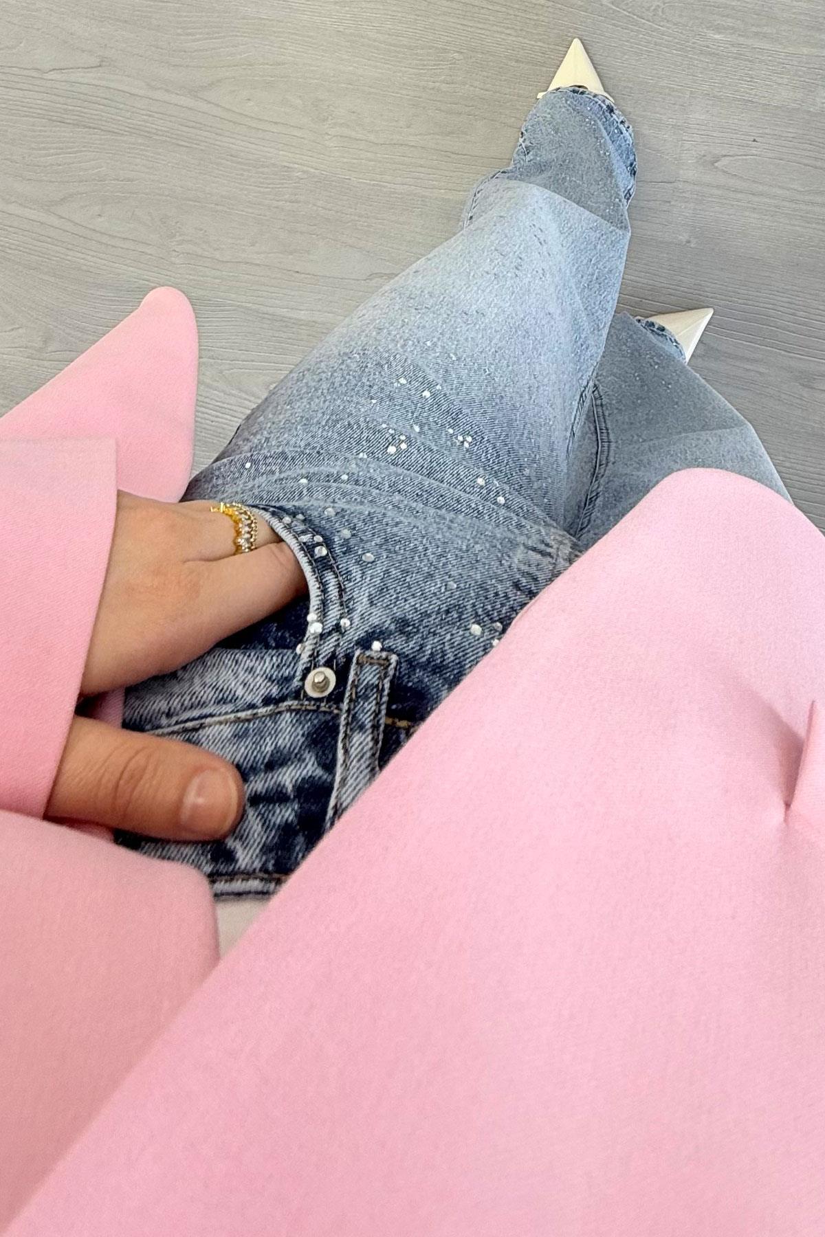 Tasarım Taş Detaylı Straight Denim Pantolon - Mavi