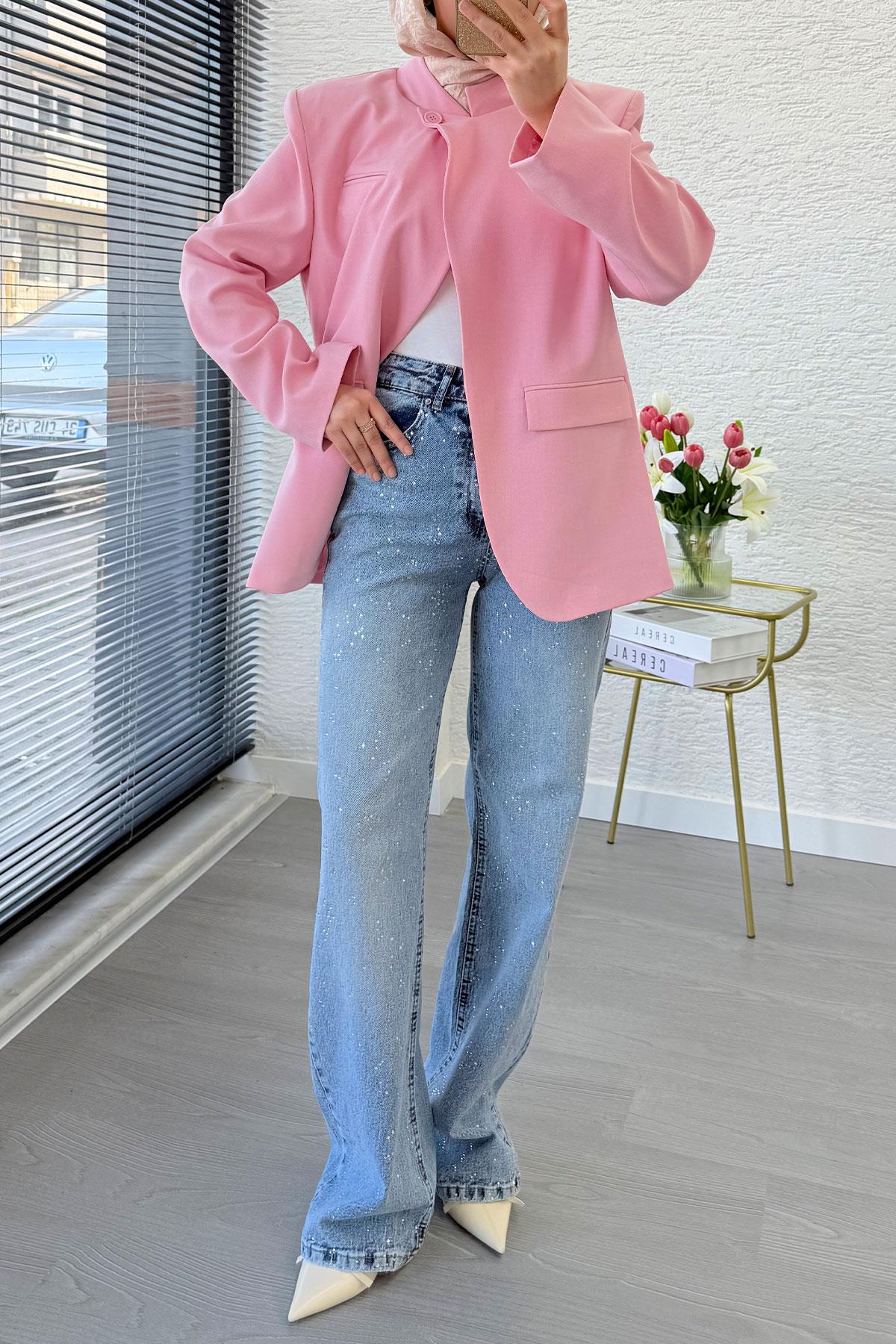 Tasarım Taş Detaylı Straight Denim Pantolon - Mavi