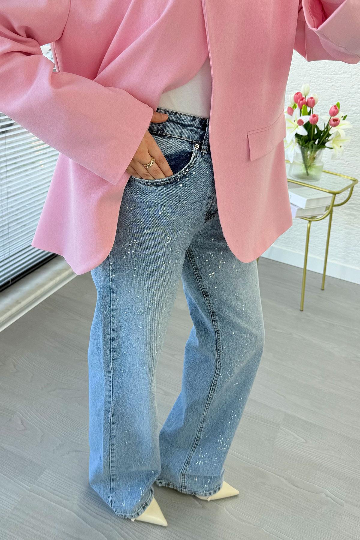 Tasarım Taş Detaylı Straight Denim Pantolon - Mavi