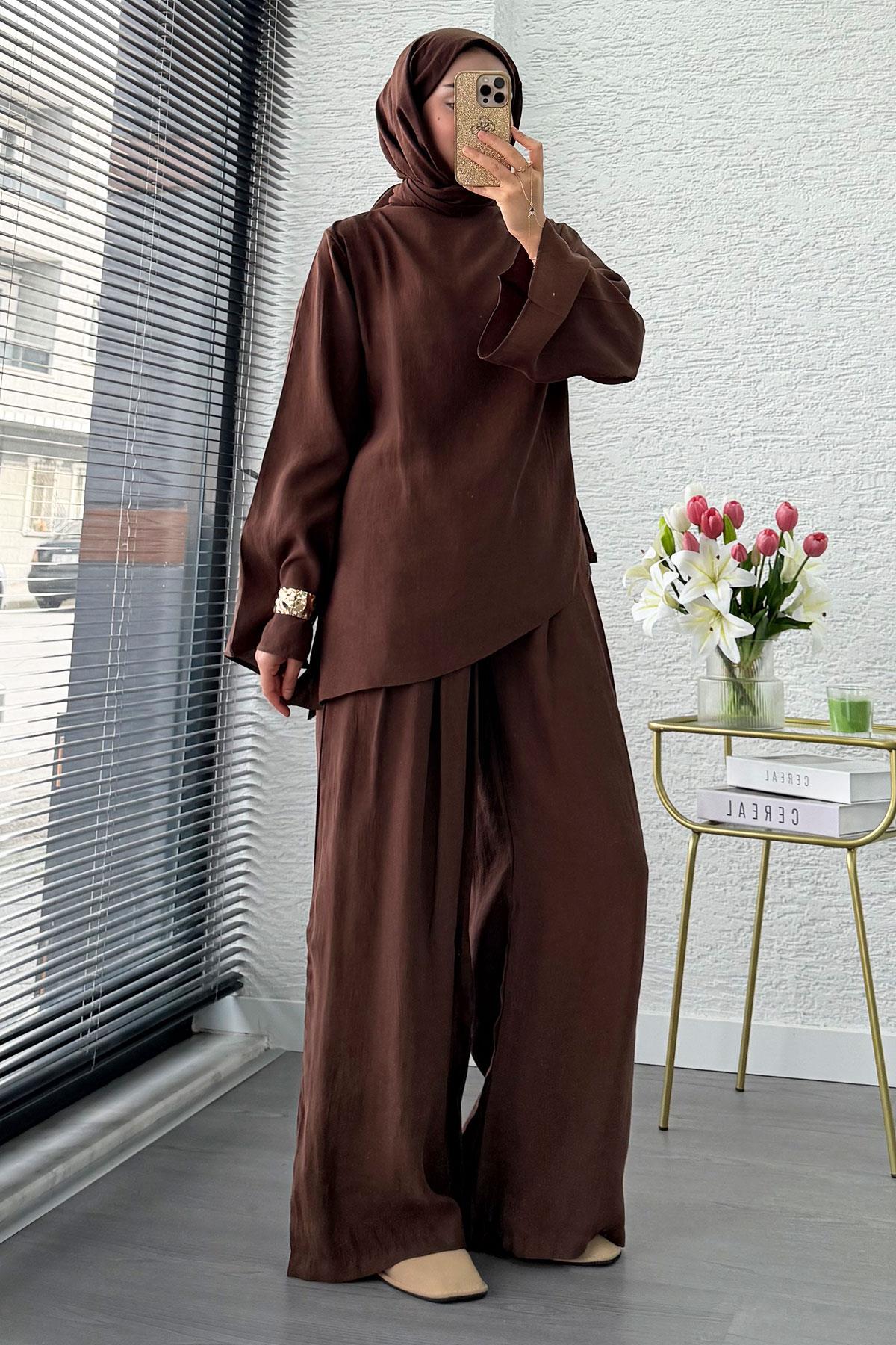 Tek Omuz Drapeli Asimetrik Kesim Tasarım İkili Takım – Kahverengi