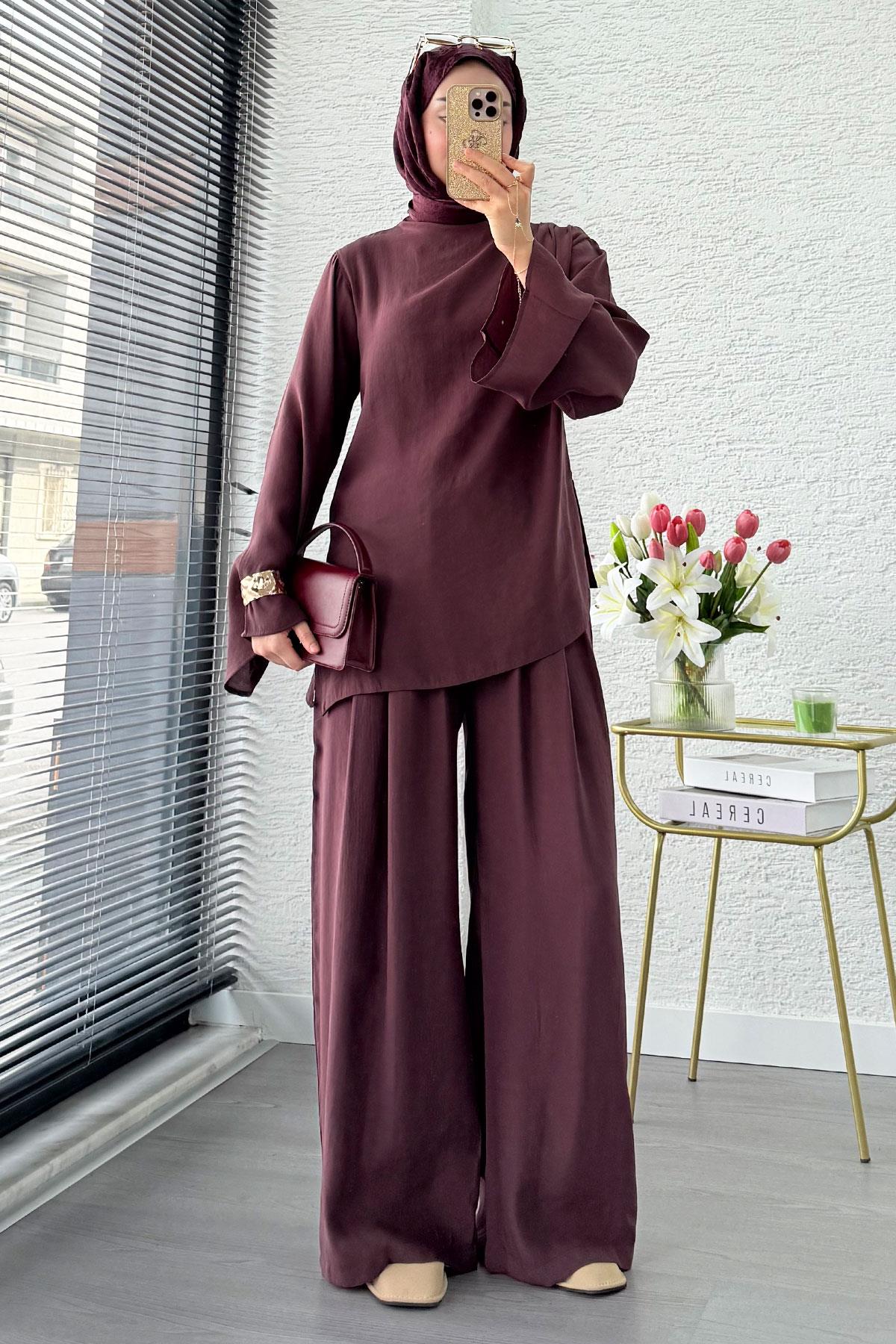 Tek Omuz Drapeli Asimetrik Kesim Tasarım İkili Takım – Mürdüm