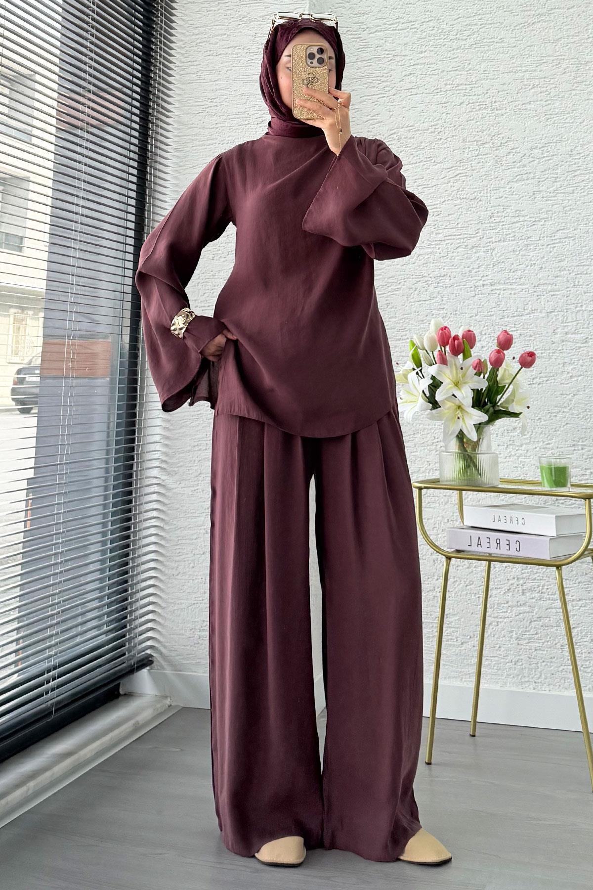 Tek Omuz Drapeli Asimetrik Kesim Tasarım İkili Takım – Mürdüm