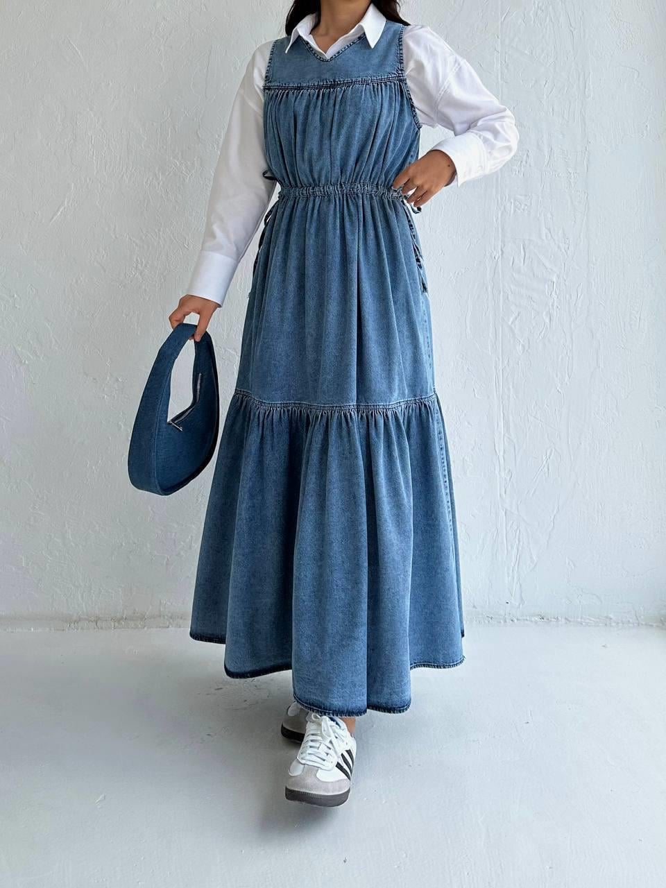 Üç Parça Beli Büzgü Detay Denim Mavi Jile