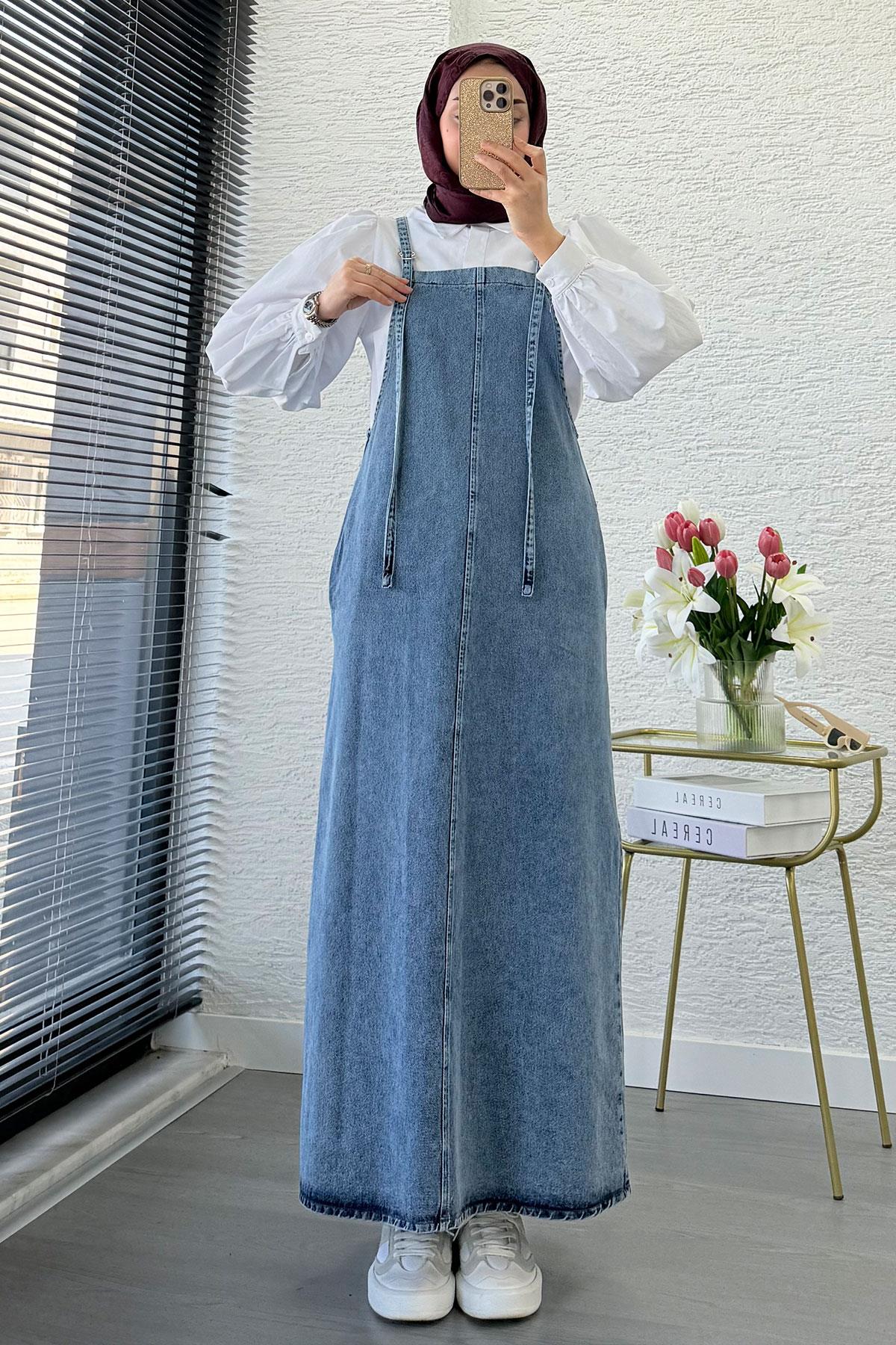 Uzun Denim Kot Salopet Jile Elbise - Açık Mavi