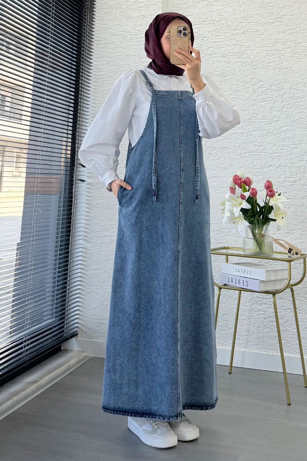 Uzun Denim Kot Salopet Jile Elbise - Açık Mavi