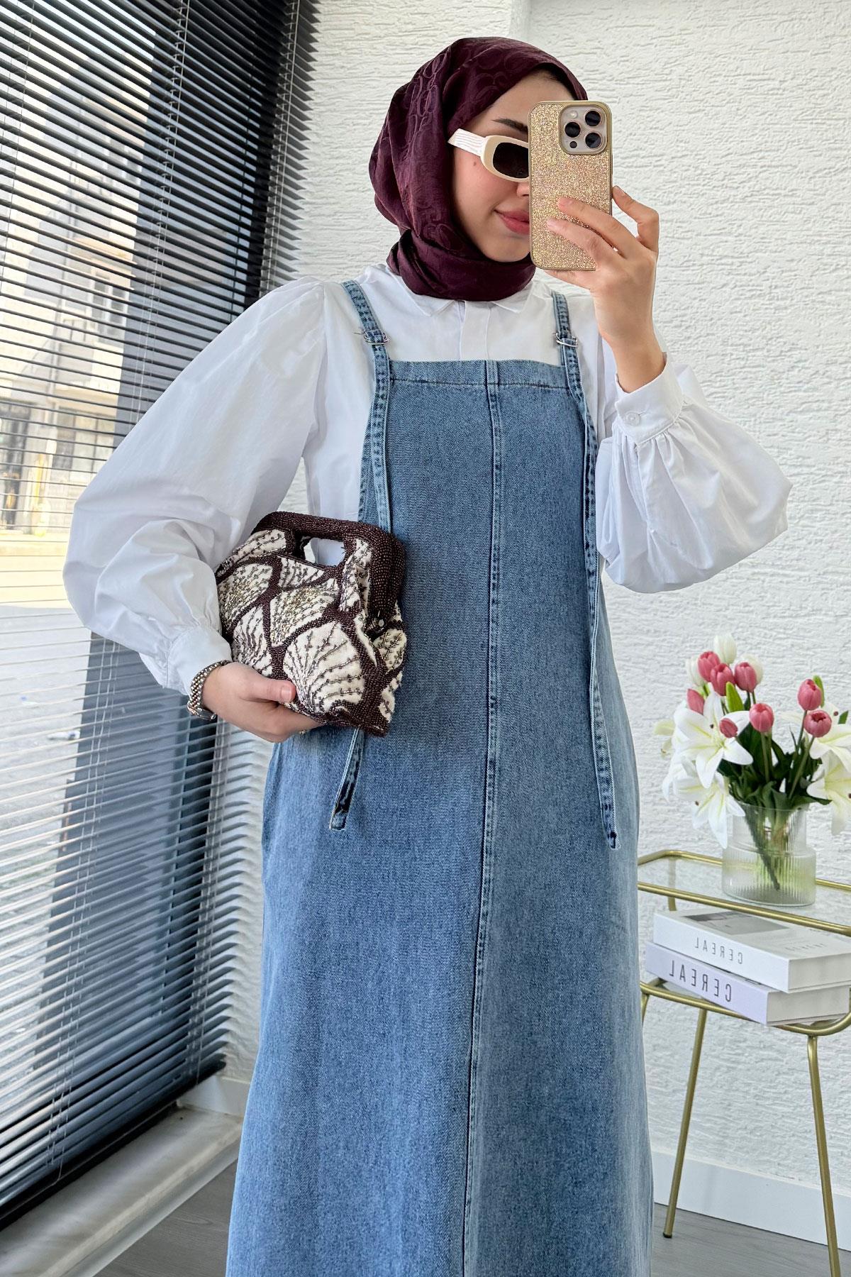 Uzun Denim Kot Salopet Jile Elbise - Açık Mavi