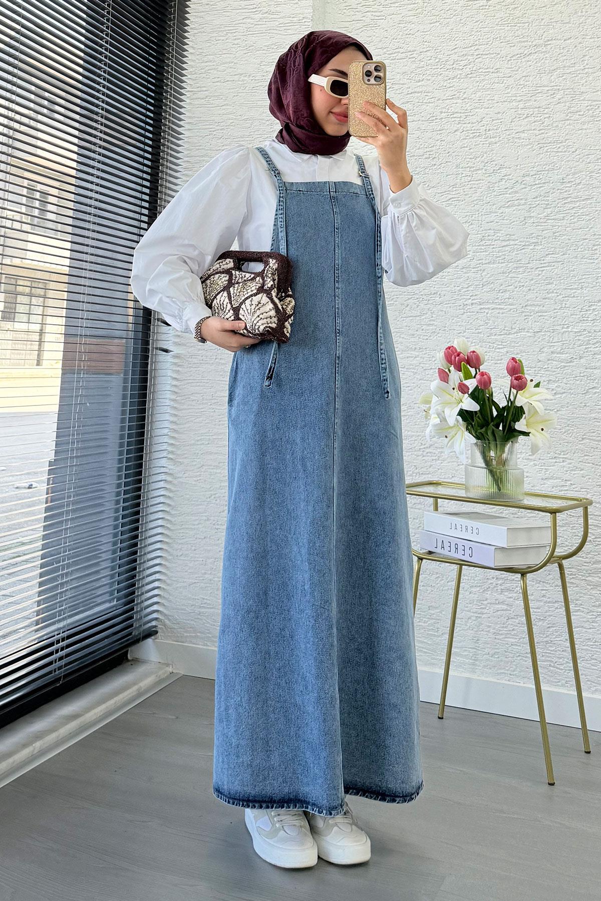 Uzun Denim Kot Salopet Jile Elbise - Açık Mavi