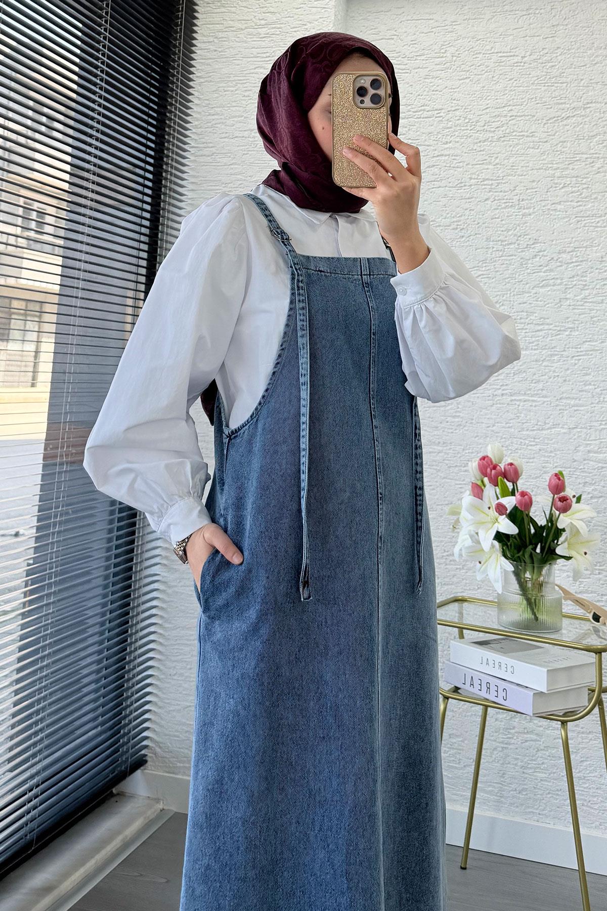 Uzun Denim Kot Salopet Jile Elbise - Açık Mavi