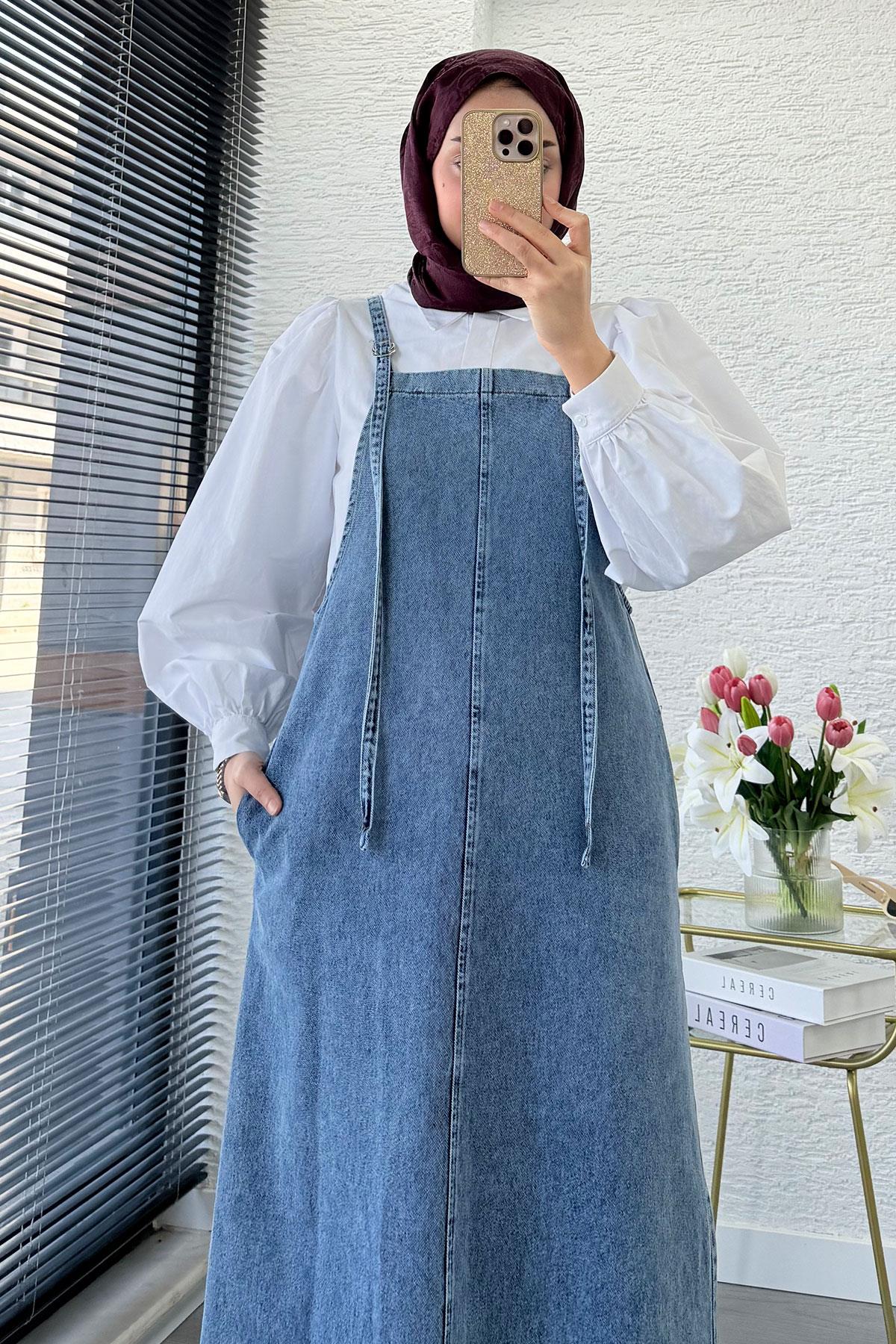 Uzun Denim Kot Salopet Jile Elbise - Açık Mavi