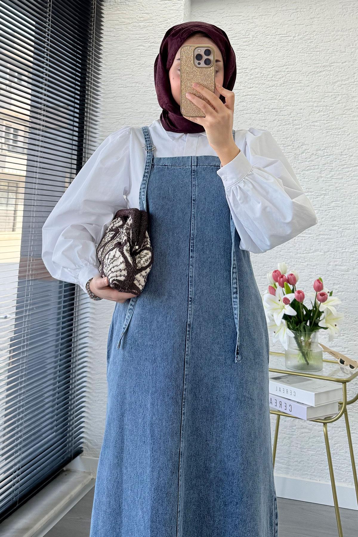 Uzun Denim Kot Salopet Jile Elbise - Açık Mavi